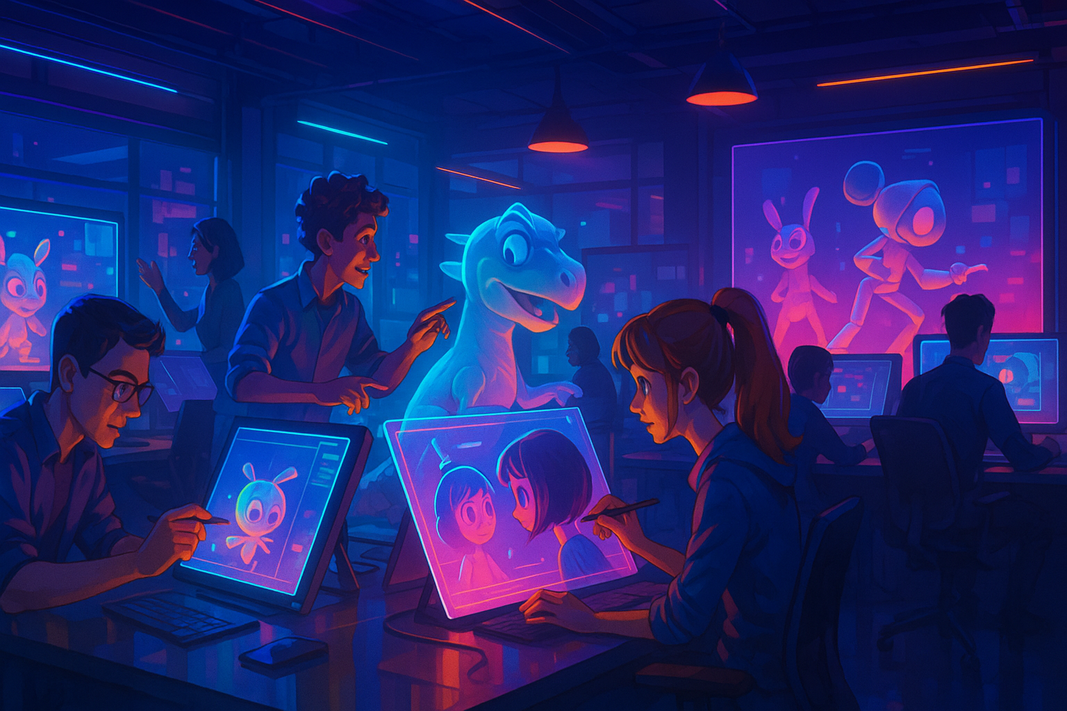 Global 3D Animation Industry

A futuristic 3D animation studio bustling with activity, artists collaborating creatively over holographic displays, vibrant colors, dynamic lighting, aspect ratio 16:9.