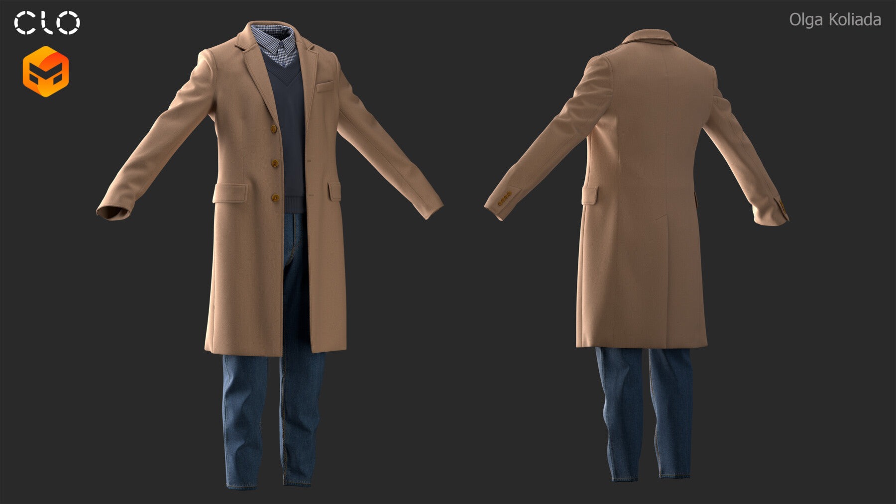 Men's outfit (coat, vest, jeans, shirt). Marvelous Designer/Clo3d project+OBJ