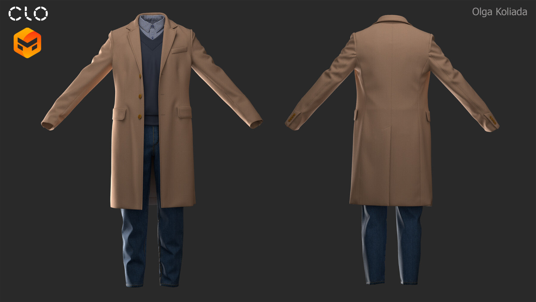 Men's outfit (coat, vest, jeans, shirt). Marvelous Designer/Clo3d project+OBJ