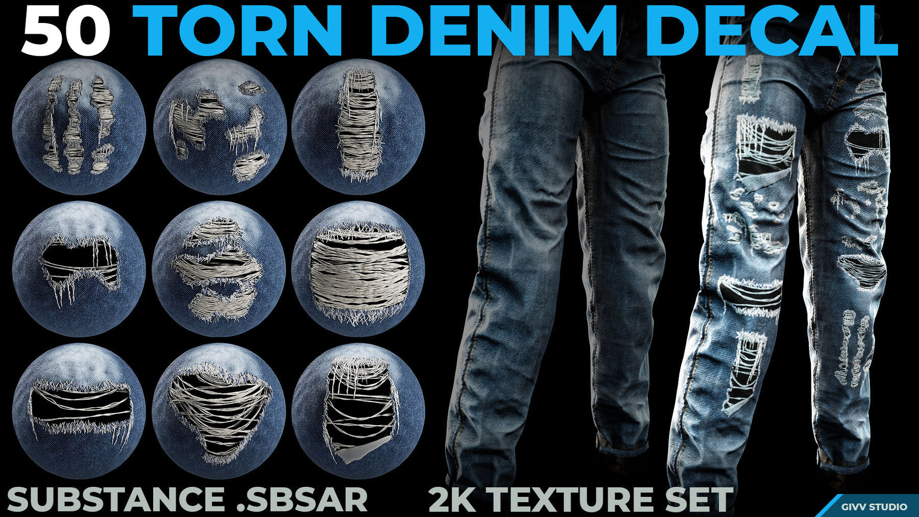 50 Torn Denim Decals - Substance .SBSAR + 2K Textures Set