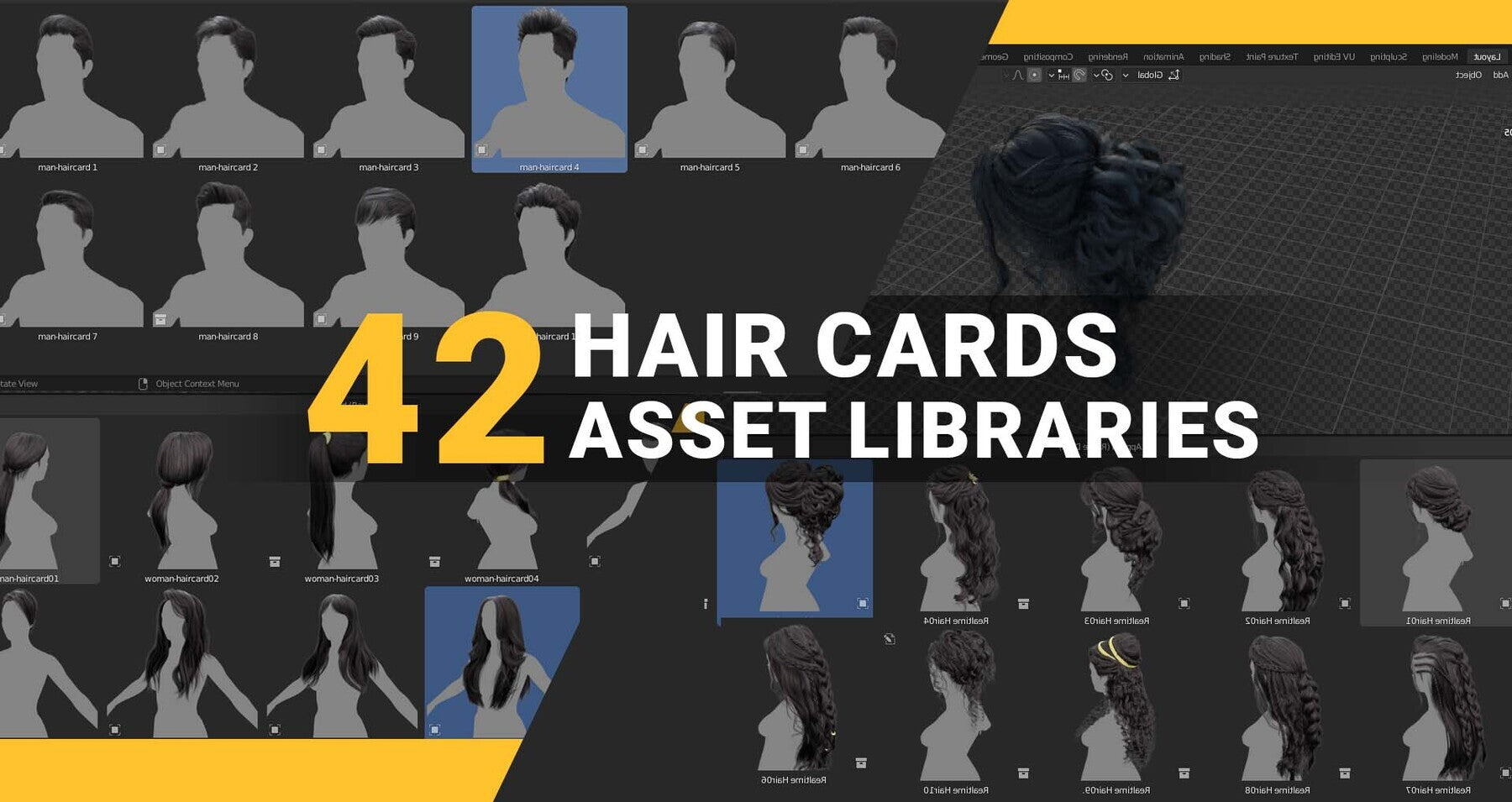 42 Hair Cards Model For Blender ( Asset Browser ) Male And Female