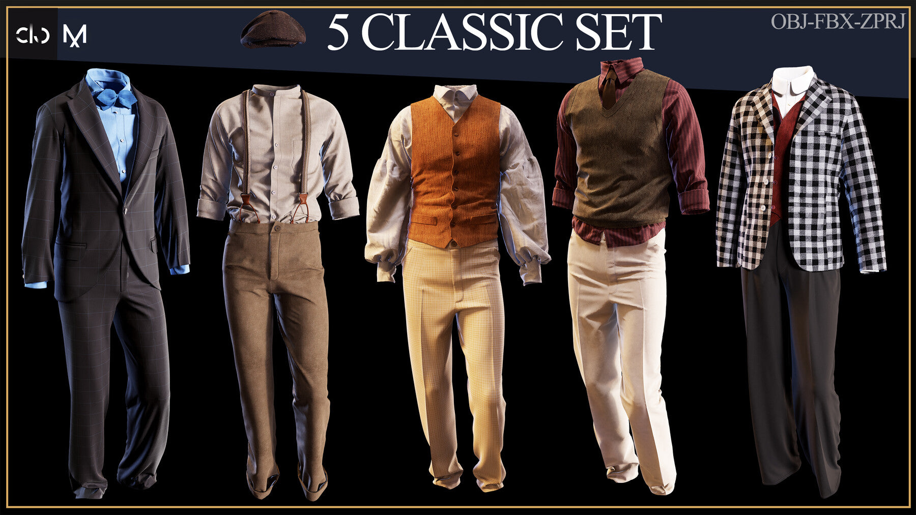 5 Classic Outfits Set For Men ( Marvelous / Clo3d project ) + FBX + OBJ (vol.02)