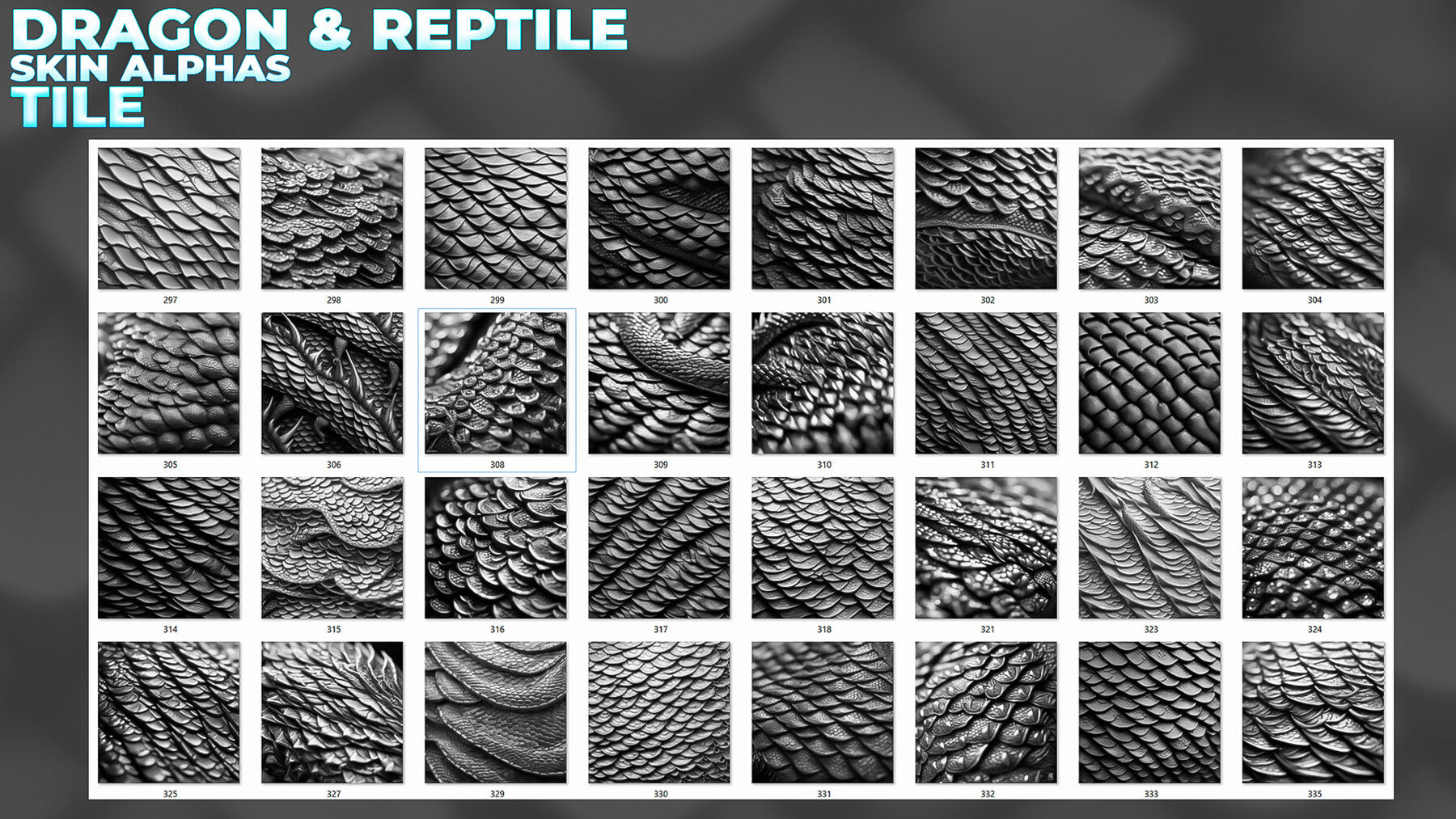 400+ Tileable Reptile, Dragon, Snake Skin Alphas for ZBrush (Displacement map) vol.6