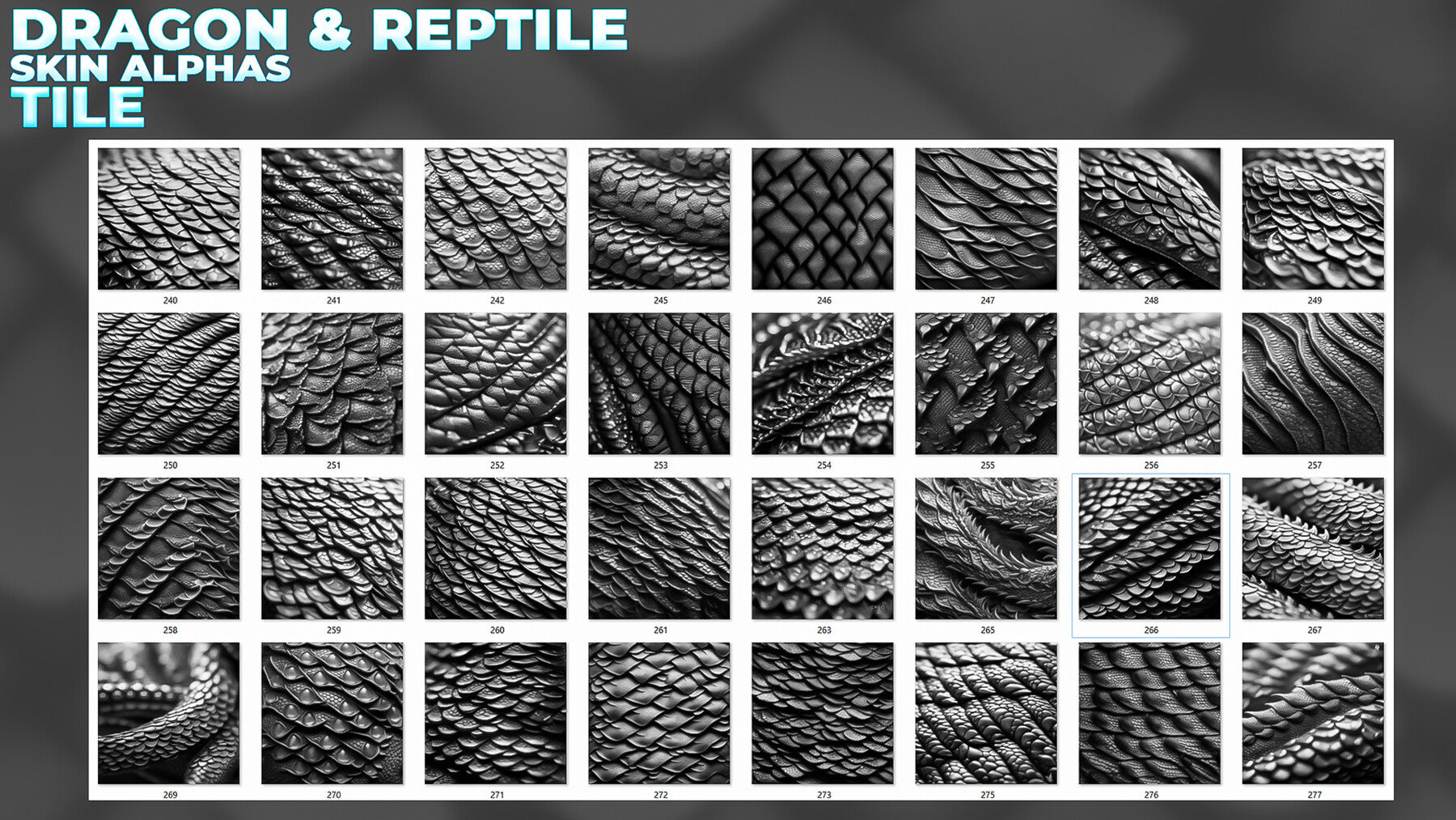 400+ Tileable Reptile, Dragon, Snake Skin Alphas for ZBrush (Displacement map) vol.6