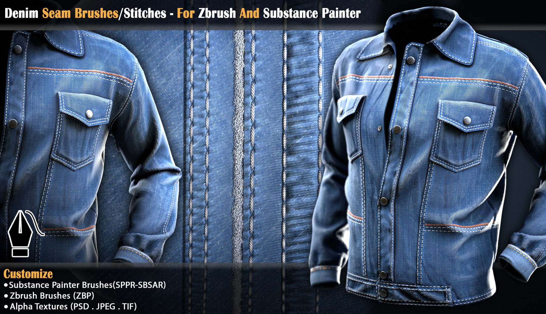 Denim Seam Brushes/Stitches - For Zbrush And Substance Painter (VOL-02)