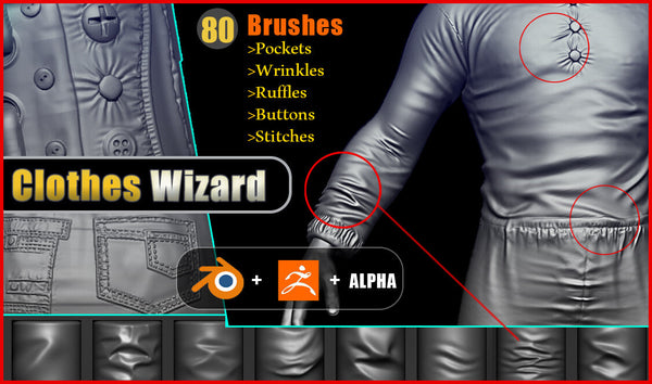 Clothes Wizard - 80 Brushes for realistic Clothes Sculpting - For ZBRUSH and BLENDER + Alphas