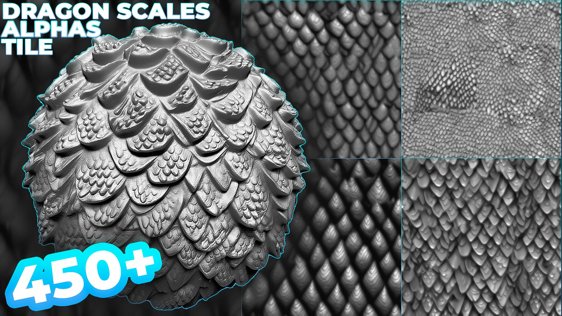 450+ Dragon Scales Alphas for ZBrush, Blender, Mari (30 tile alphas) vol.7