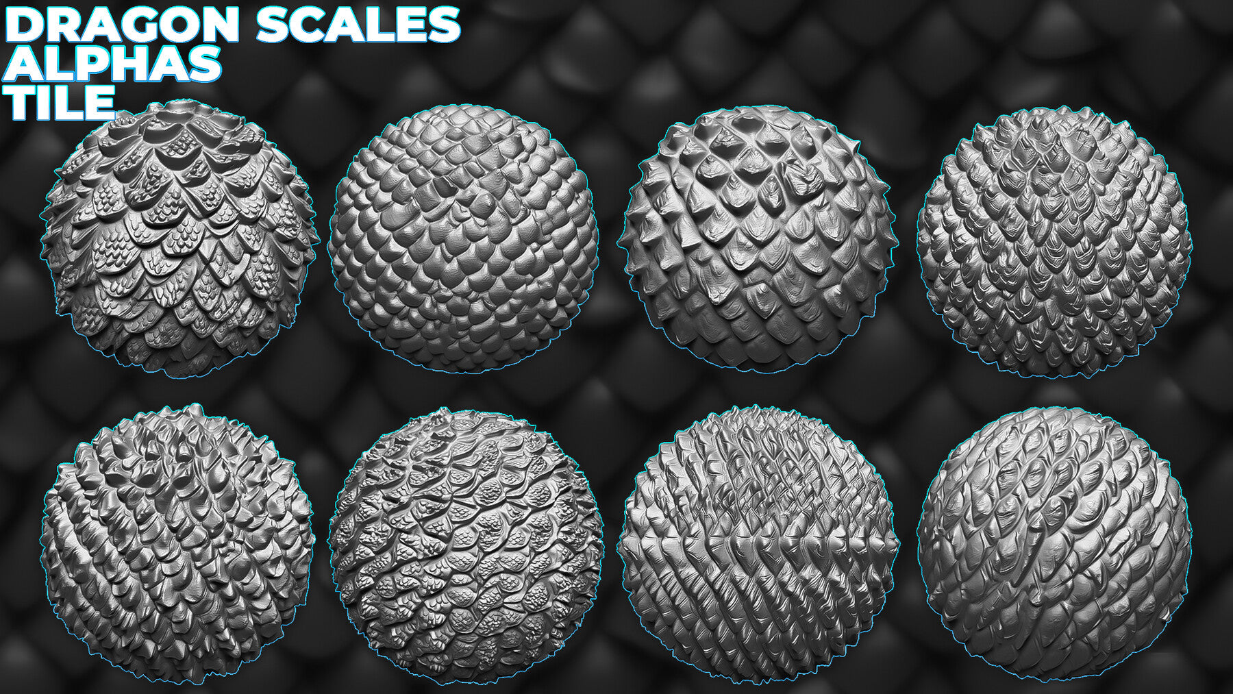 450+ Dragon Scales Alphas for ZBrush, Blender, Mari (30 tile alphas) vol.7