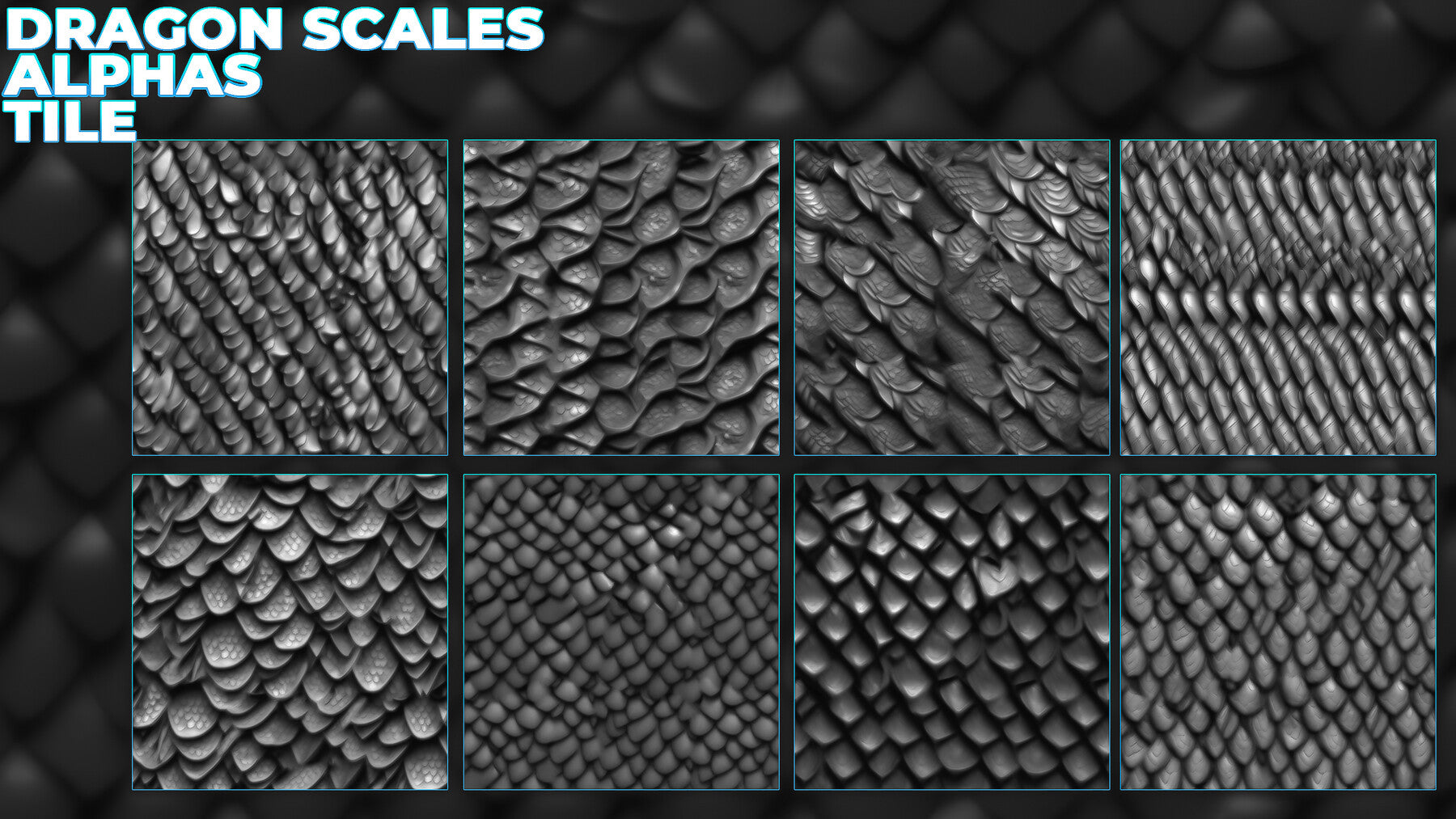 450+ Dragon Scales Alphas for ZBrush, Blender, Mari (30 tile alphas) vol.7