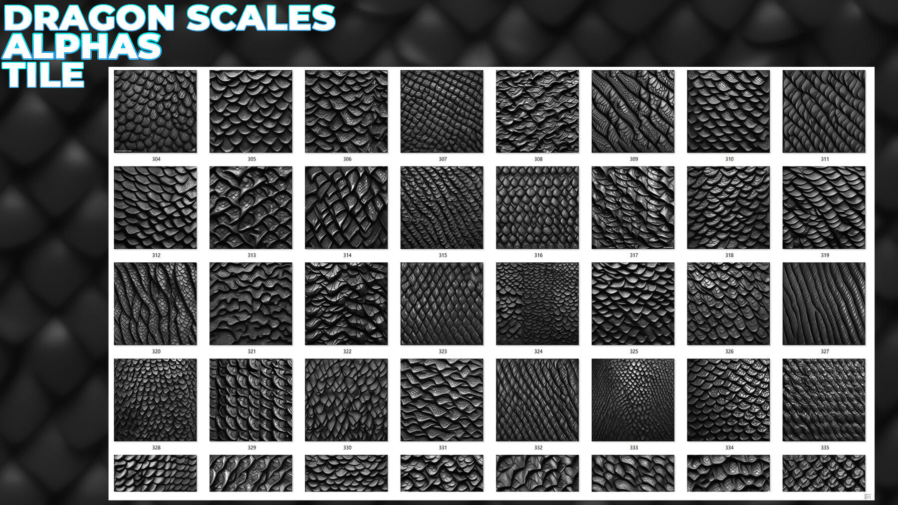 450+ Dragon Scales Alphas for ZBrush, Blender, Mari (30 tile alphas) vol.7