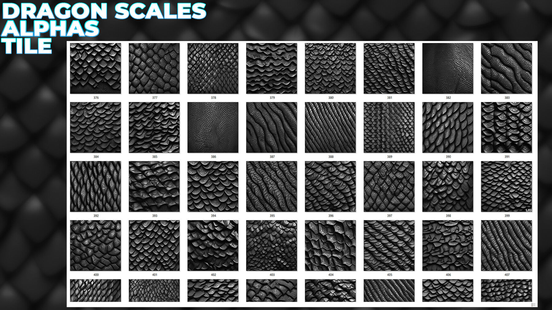 450+ Dragon Scales Alphas for ZBrush, Blender, Mari (30 tile alphas) vol.7