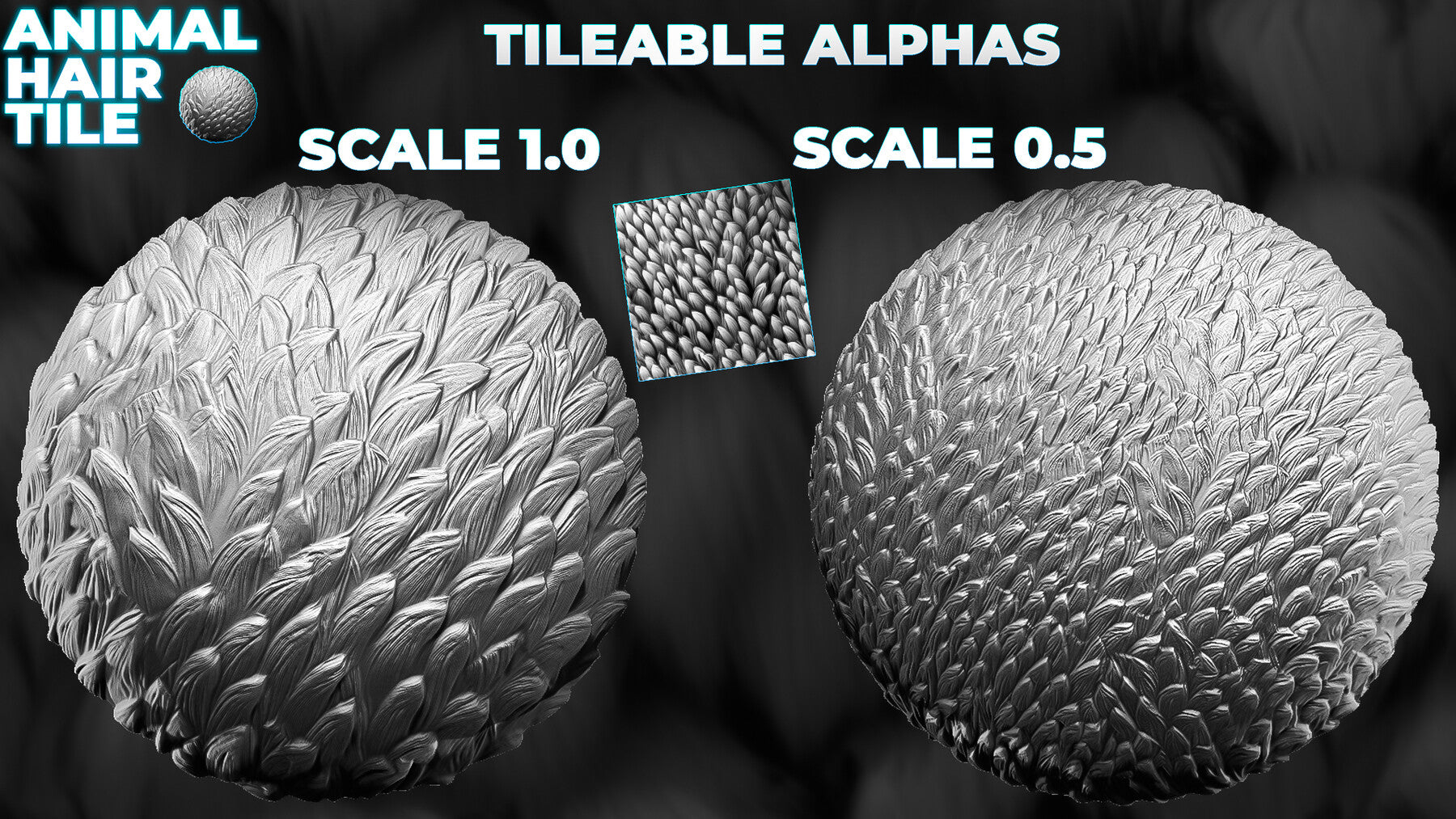 450+ Animals Hair & Fur Alphas (Displacement Maps) for ZBrush, Blender, Substance Painter vol.10