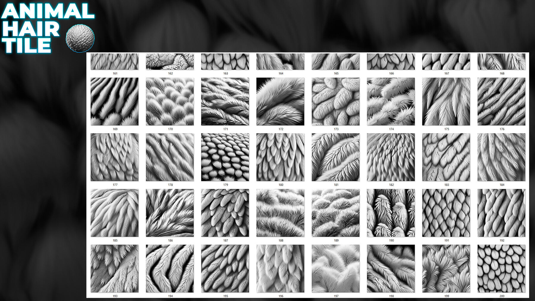 450+ Animals Hair & Fur Alphas (Displacement Maps) for ZBrush, Blender, Substance Painter vol.10