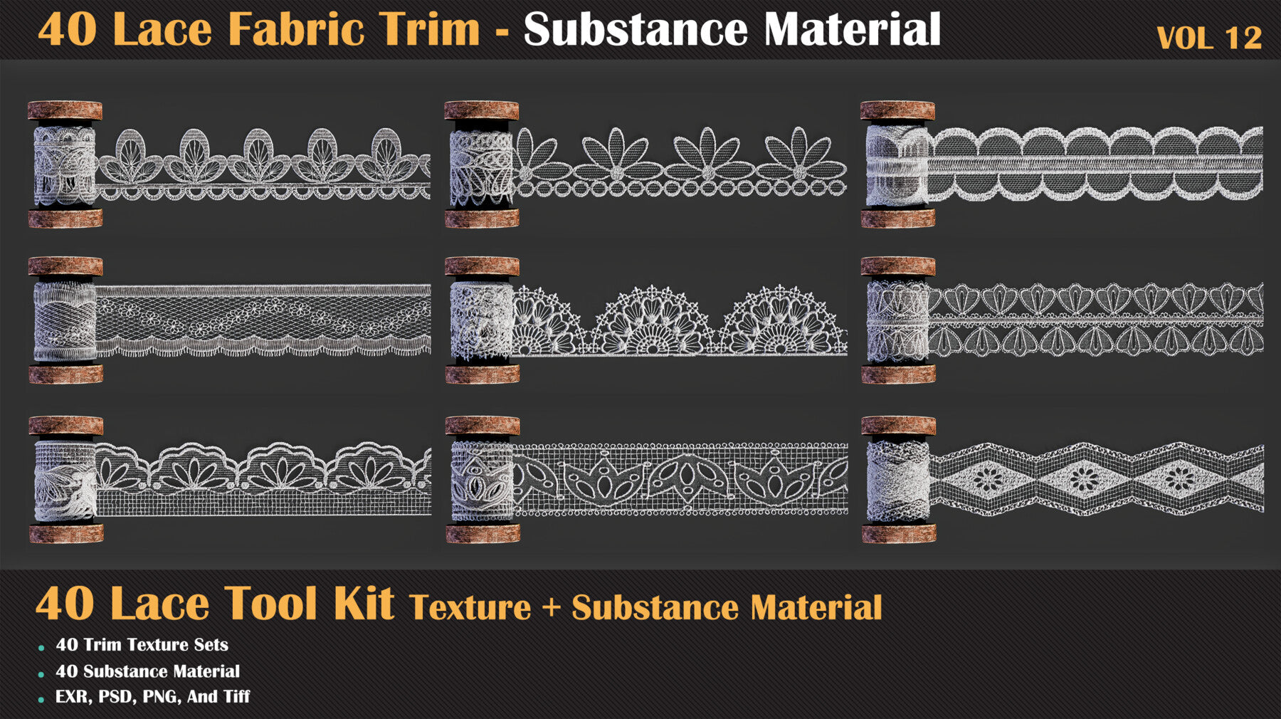 40 Lace Fabric Trim Pattern + Substance Tools - VOL 12