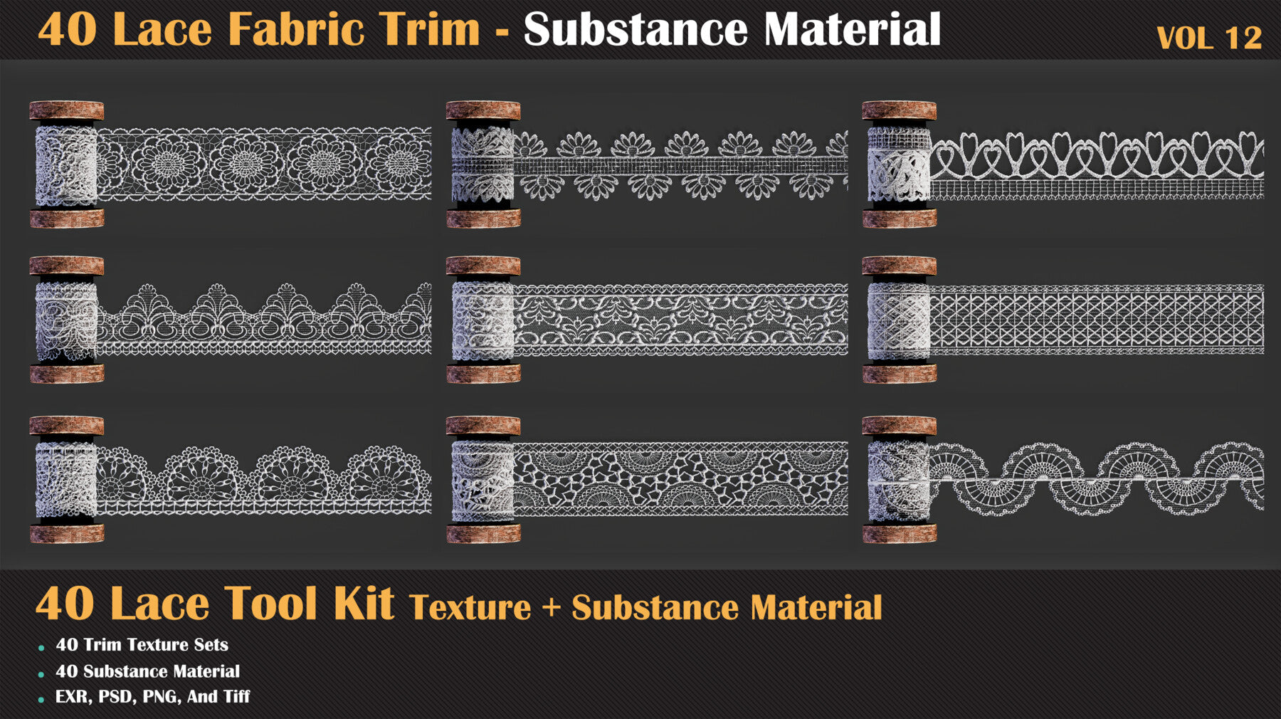 40 Lace Fabric Trim Pattern + Substance Tools - VOL 12