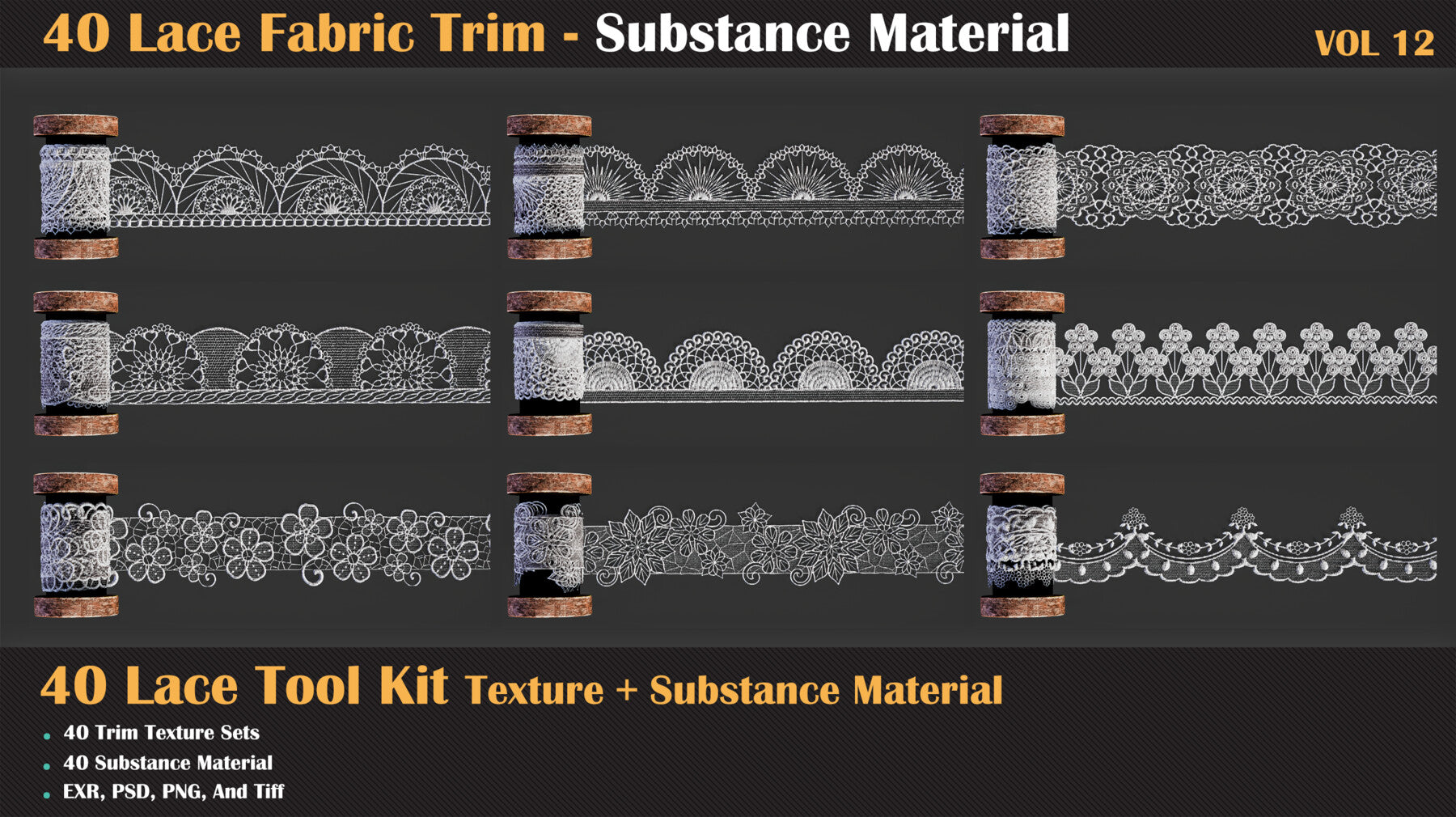 40 Lace Fabric Trim Pattern + Substance Tools - VOL 12