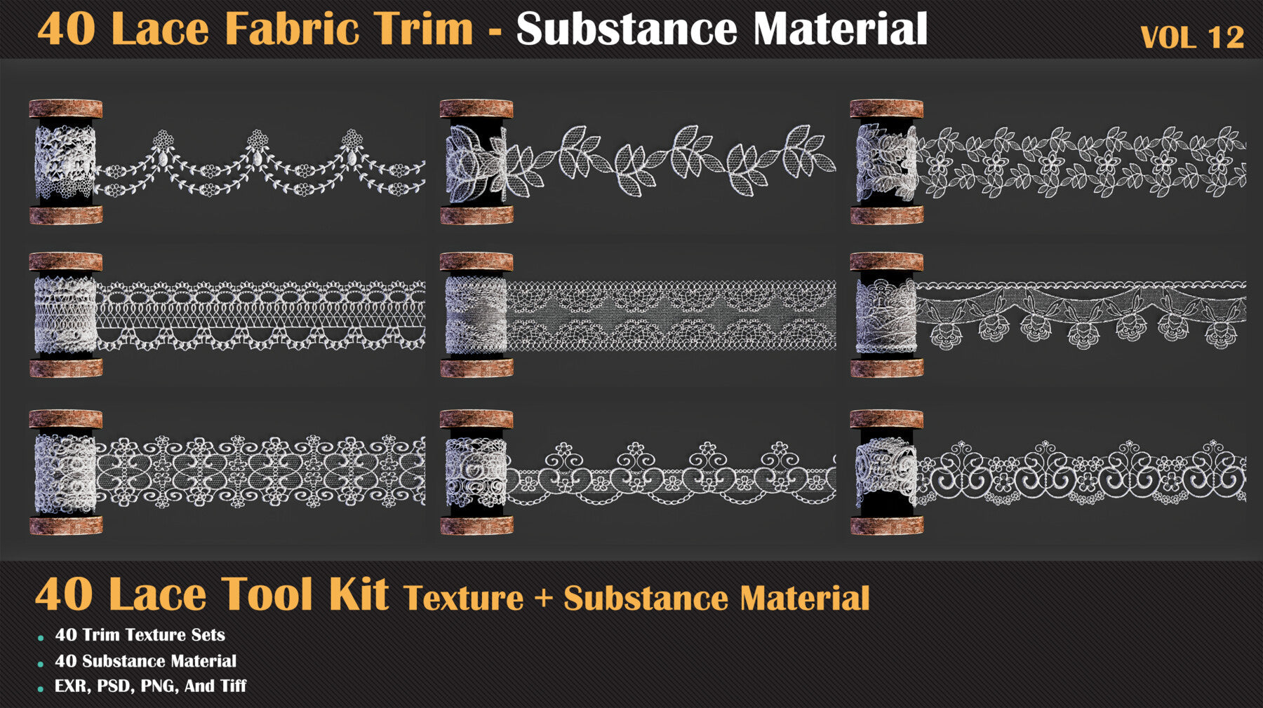 40 Lace Fabric Trim Pattern + Substance Tools - VOL 12