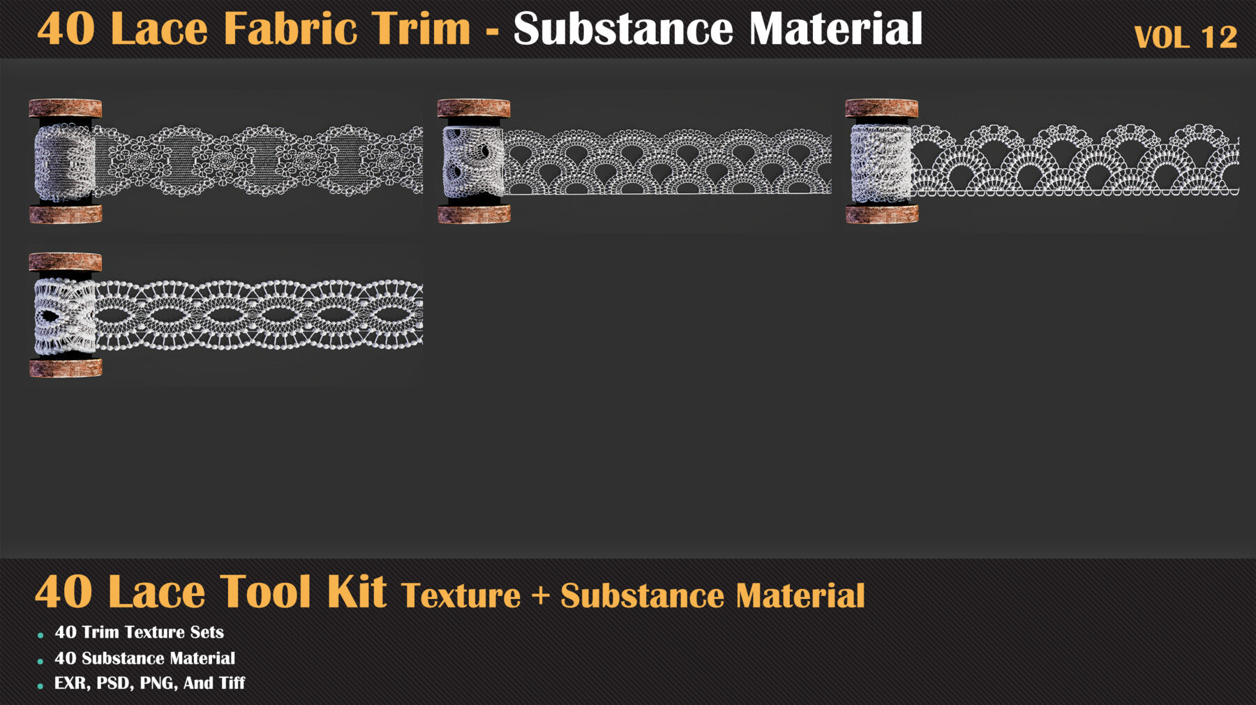 40 Lace Fabric Trim Pattern + Substance Tools - VOL 12