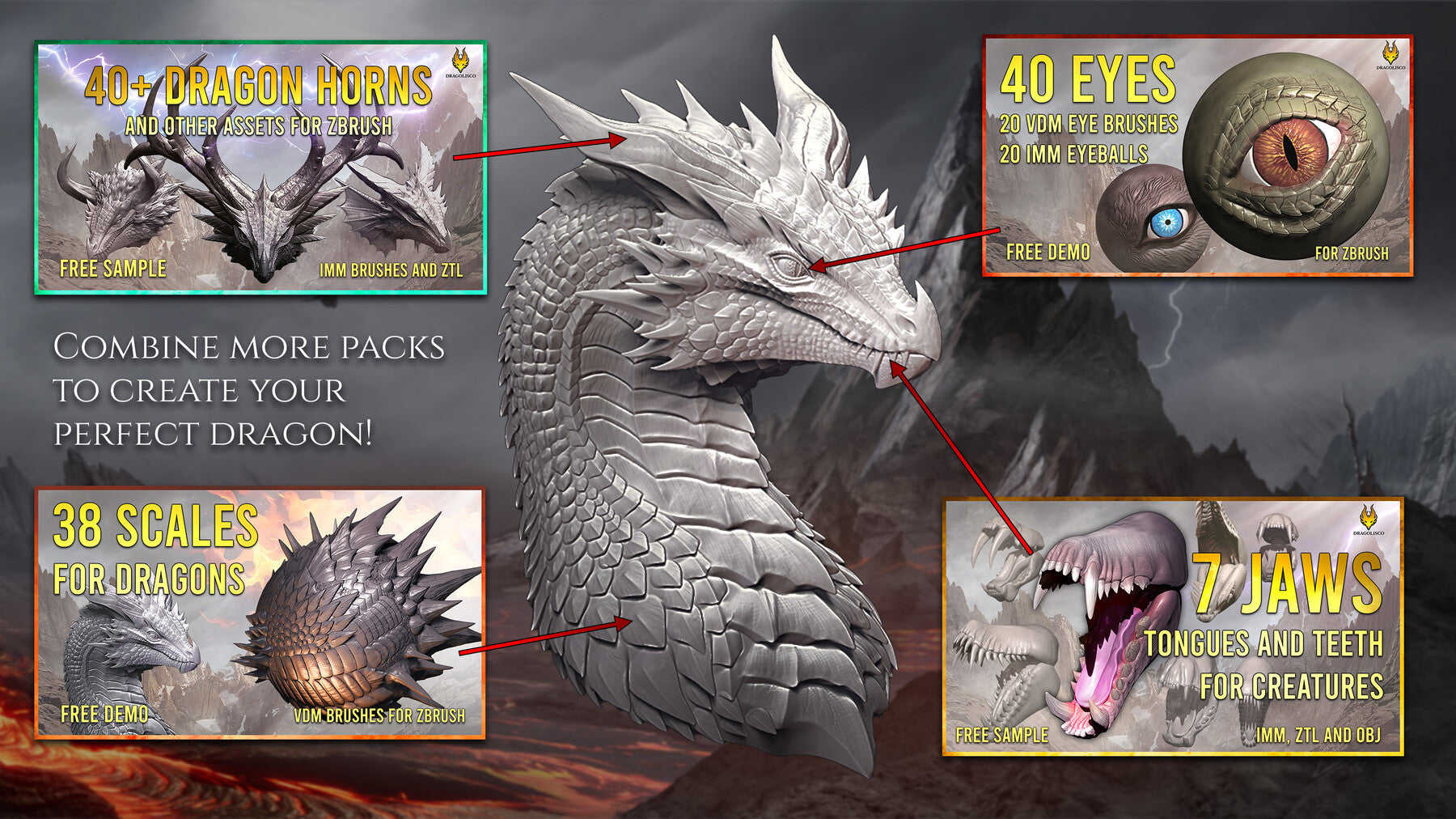 56 VDM Scales and spikes Zbrush brushes for dragons and other reptilian creatures