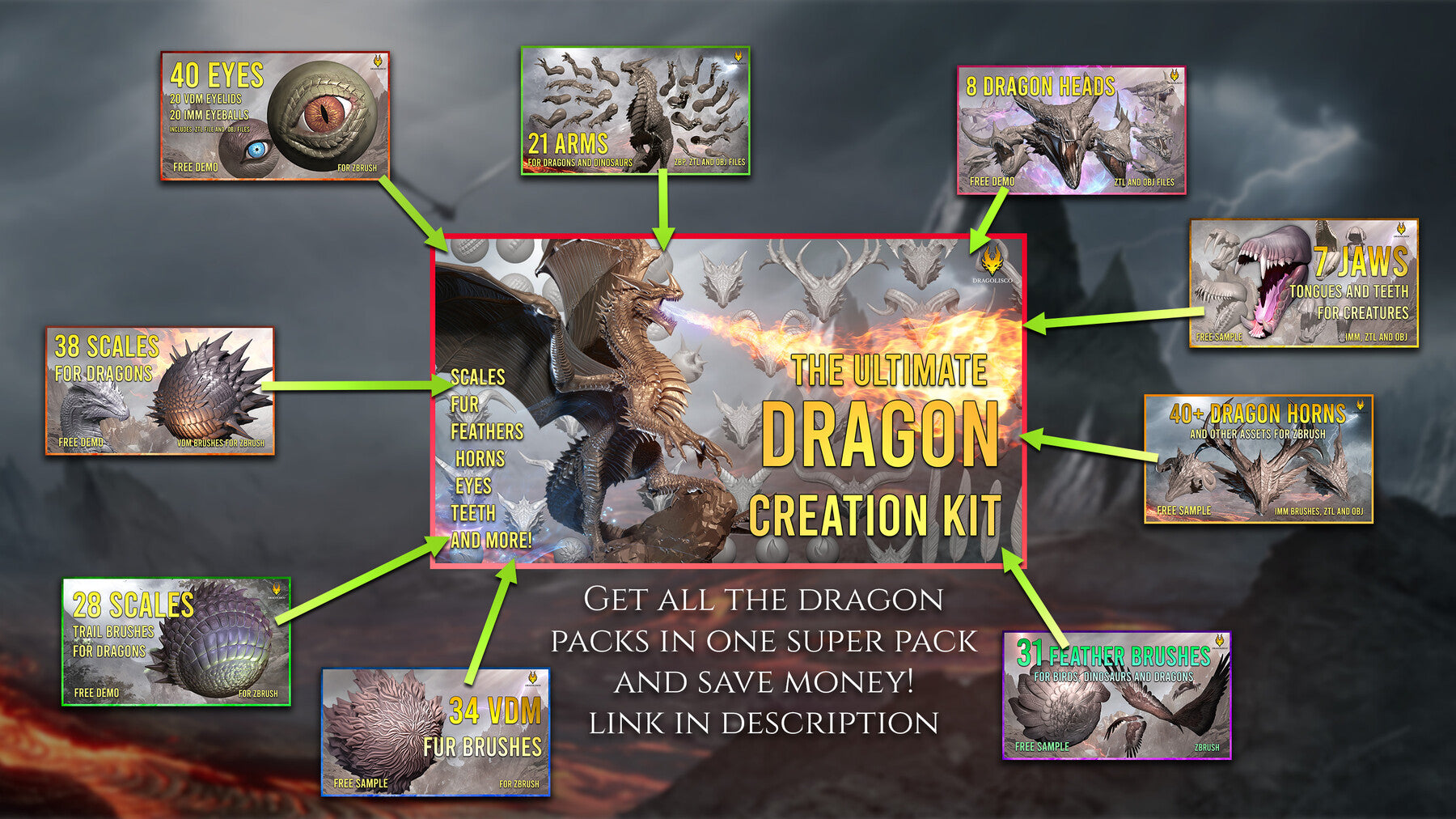 56 VDM Scales and spikes Zbrush brushes for dragons and other reptilian creatures