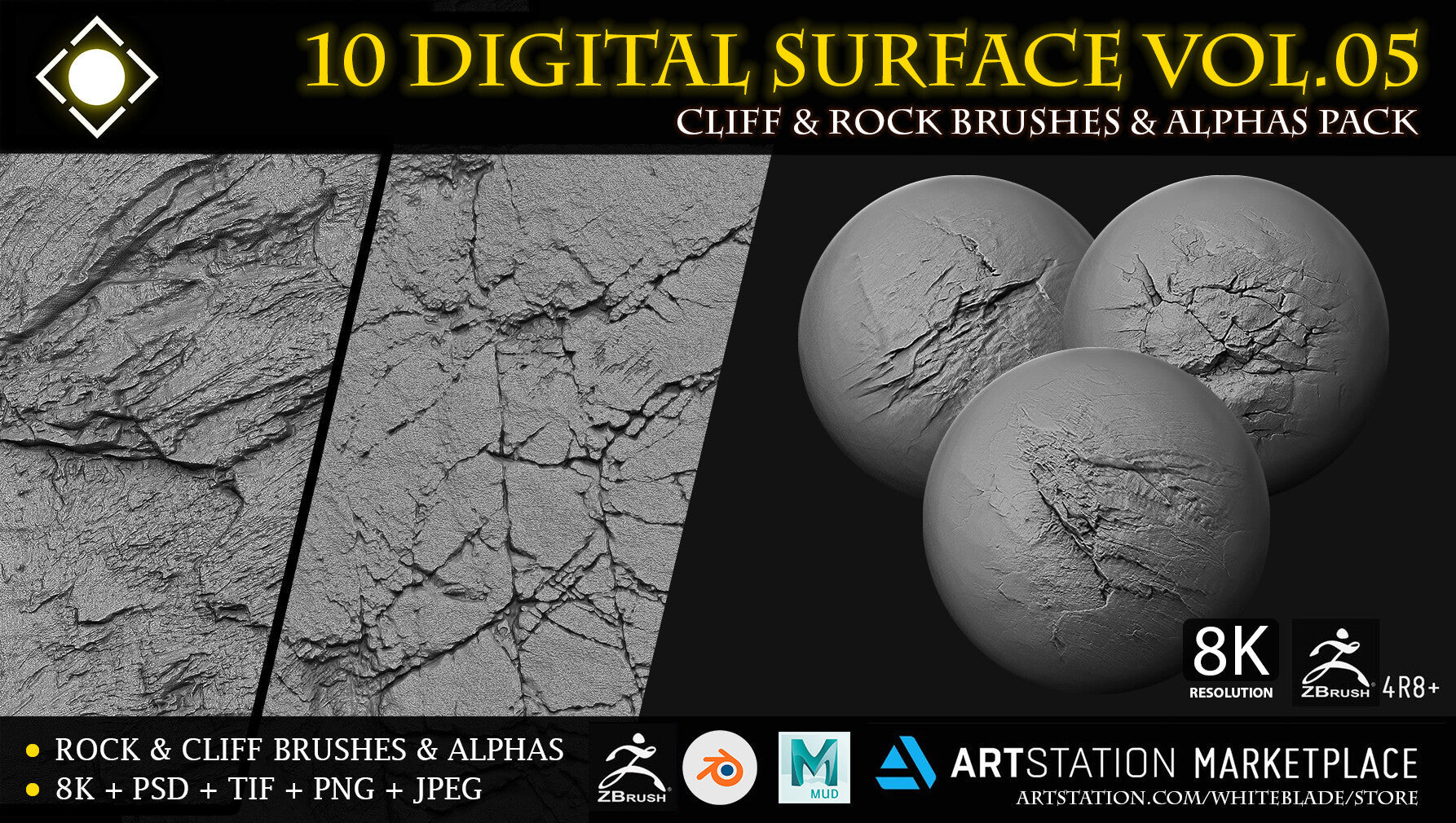 10 Digital Surface Rock & Cliff Brushes & Alphas Vol.05 - ZBrush/Blender/Mudbox/3dcoat