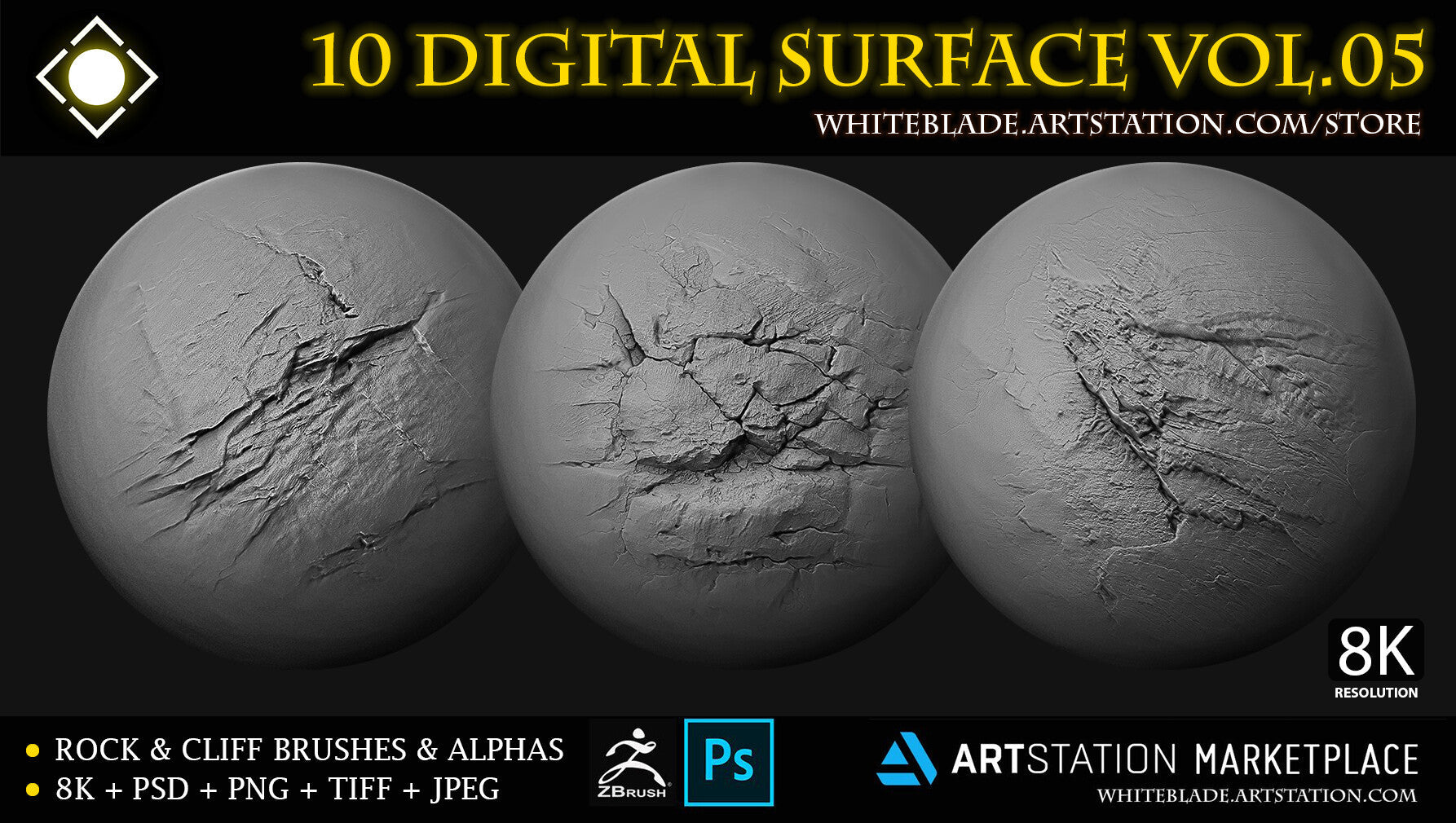 10 Digital Surface Rock & Cliff Brushes & Alphas Vol.05 - ZBrush/Blender/Mudbox/3dcoat