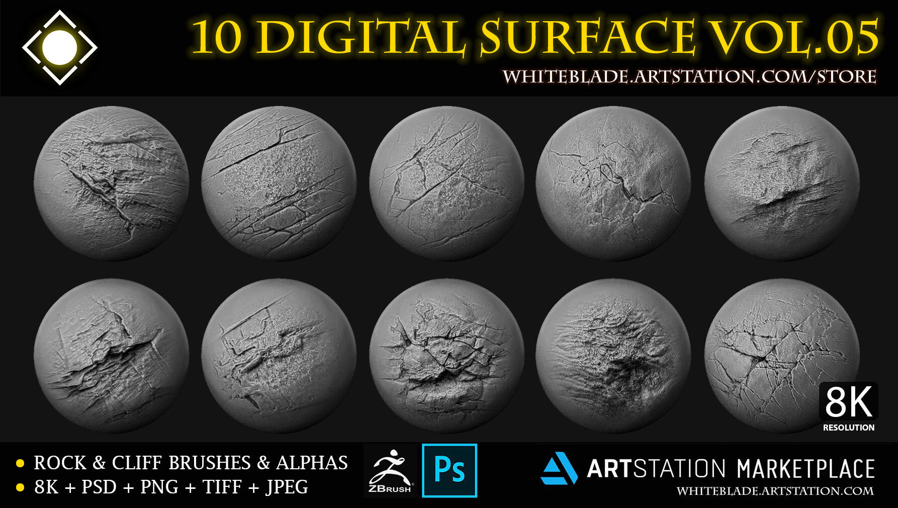 10 Digital Surface Rock & Cliff Brushes & Alphas Vol.05 - ZBrush/Blender/Mudbox/3dcoat