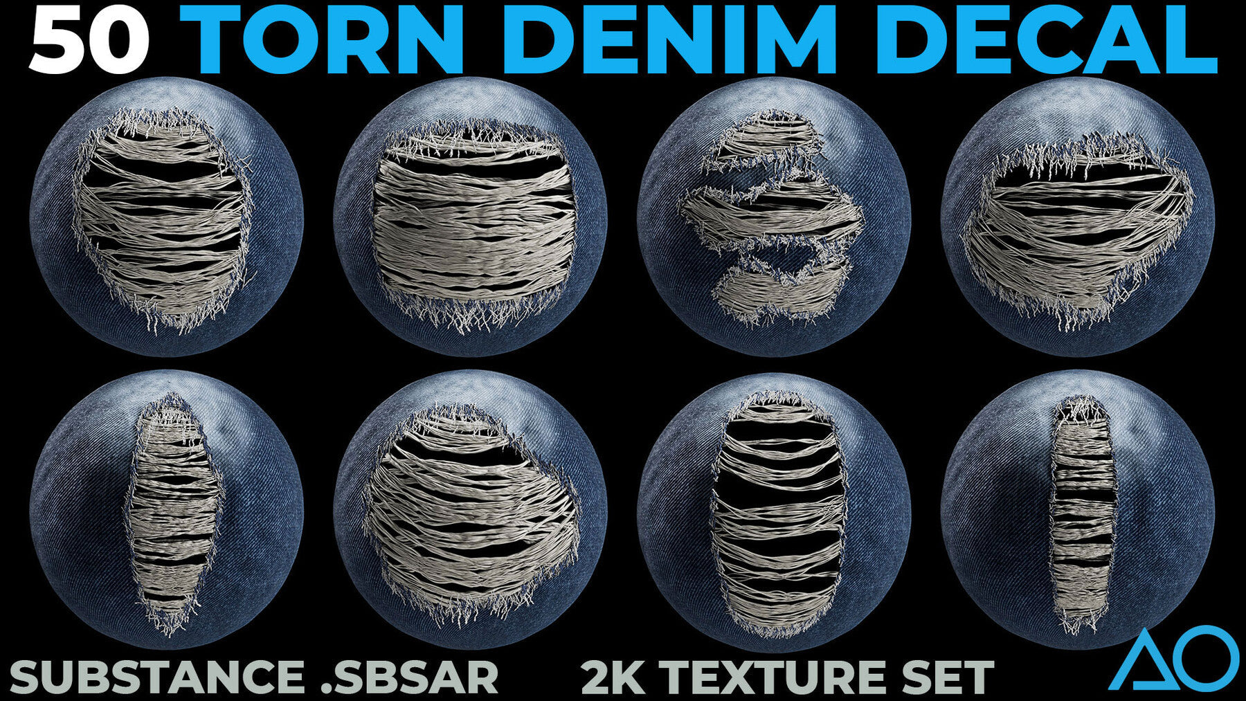 50 Torn Denim Decals - Substance .SBSAR + 2K Textures Set