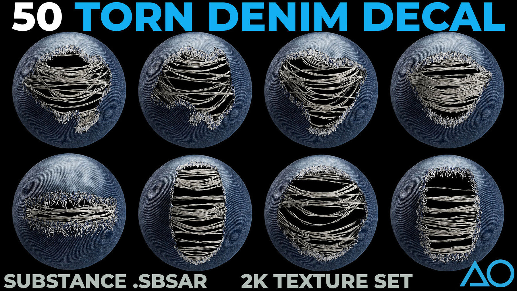 50 Torn Denim Decals - Substance .SBSAR + 2K Textures Set