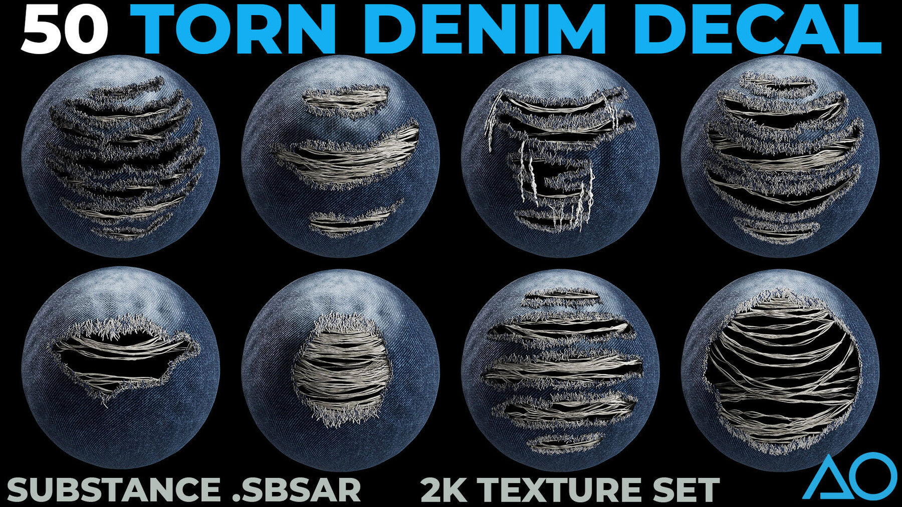 50 Torn Denim Decals - Substance .SBSAR + 2K Textures Set