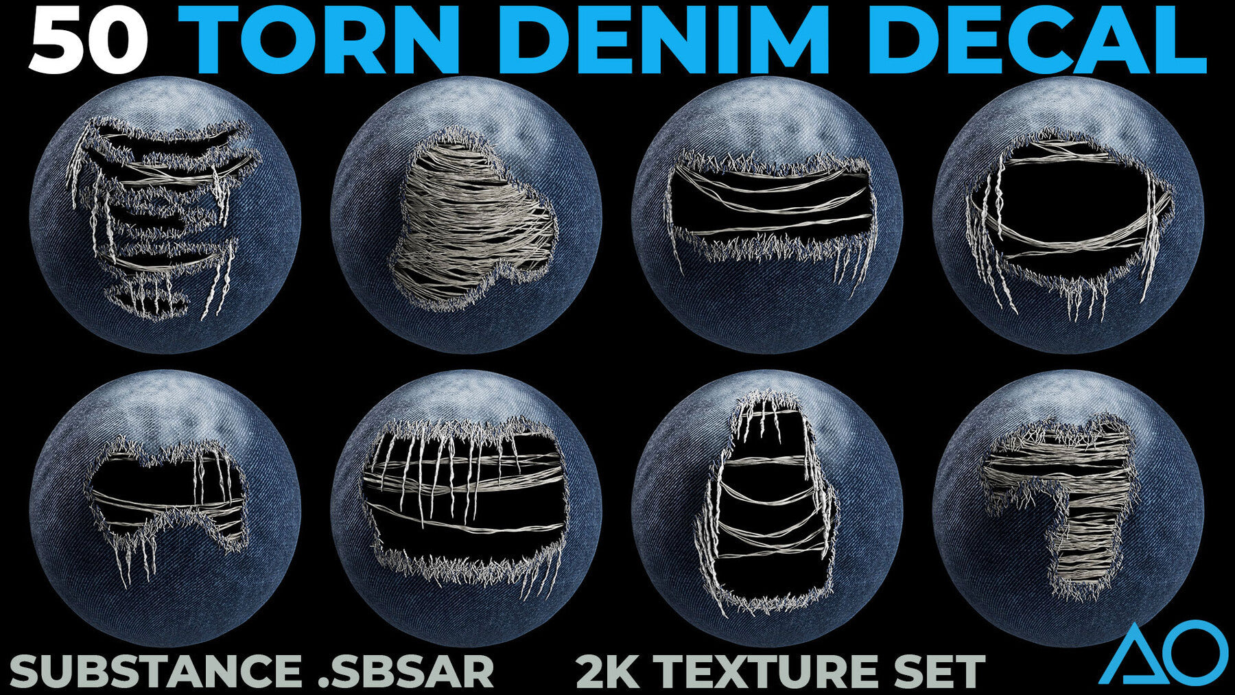 50 Torn Denim Decals - Substance .SBSAR + 2K Textures Set