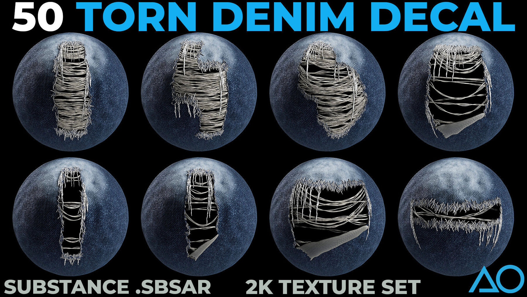 50 Torn Denim Decals - Substance .SBSAR + 2K Textures Set