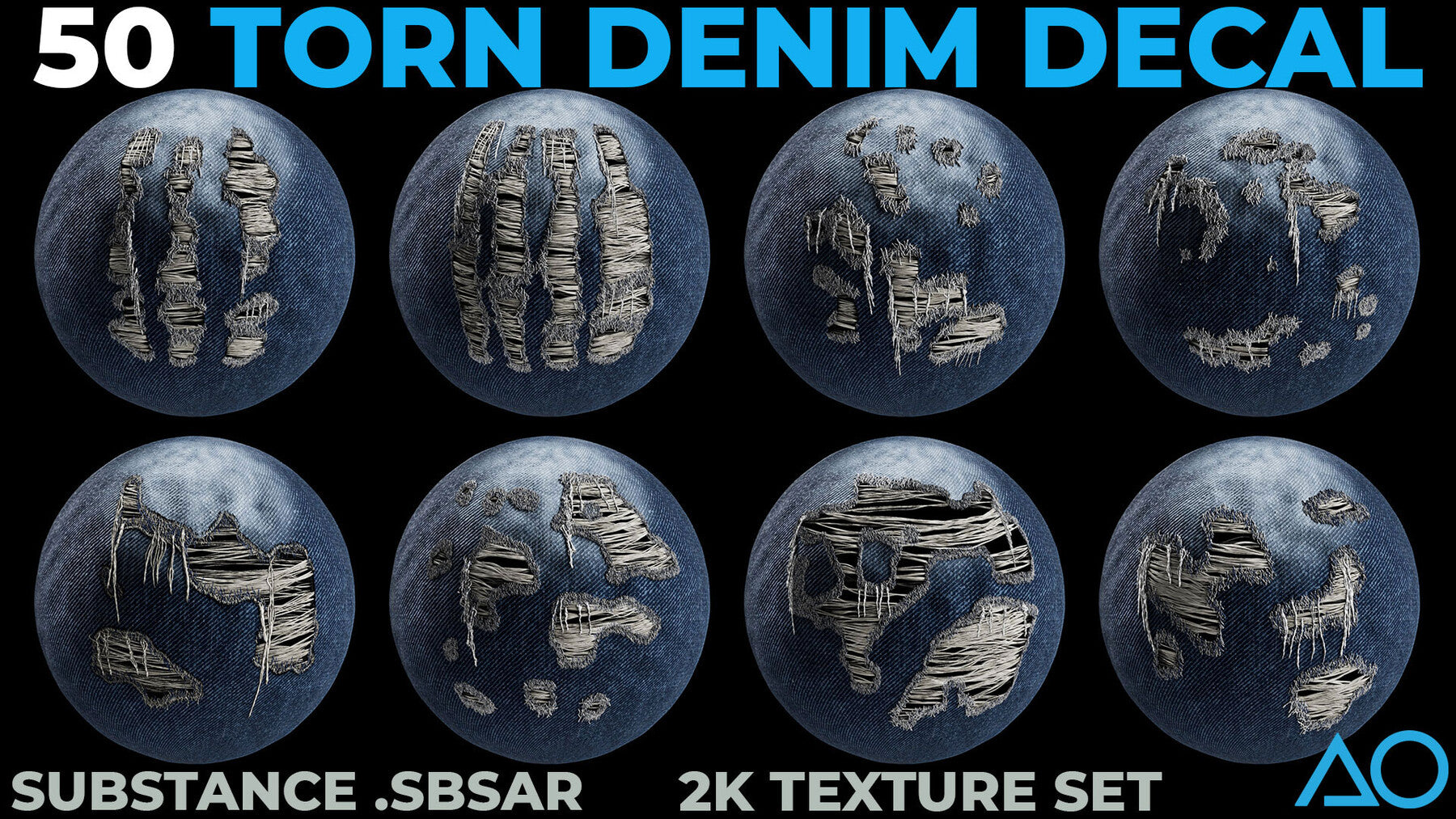 50 Torn Denim Decals - Substance .SBSAR + 2K Textures Set