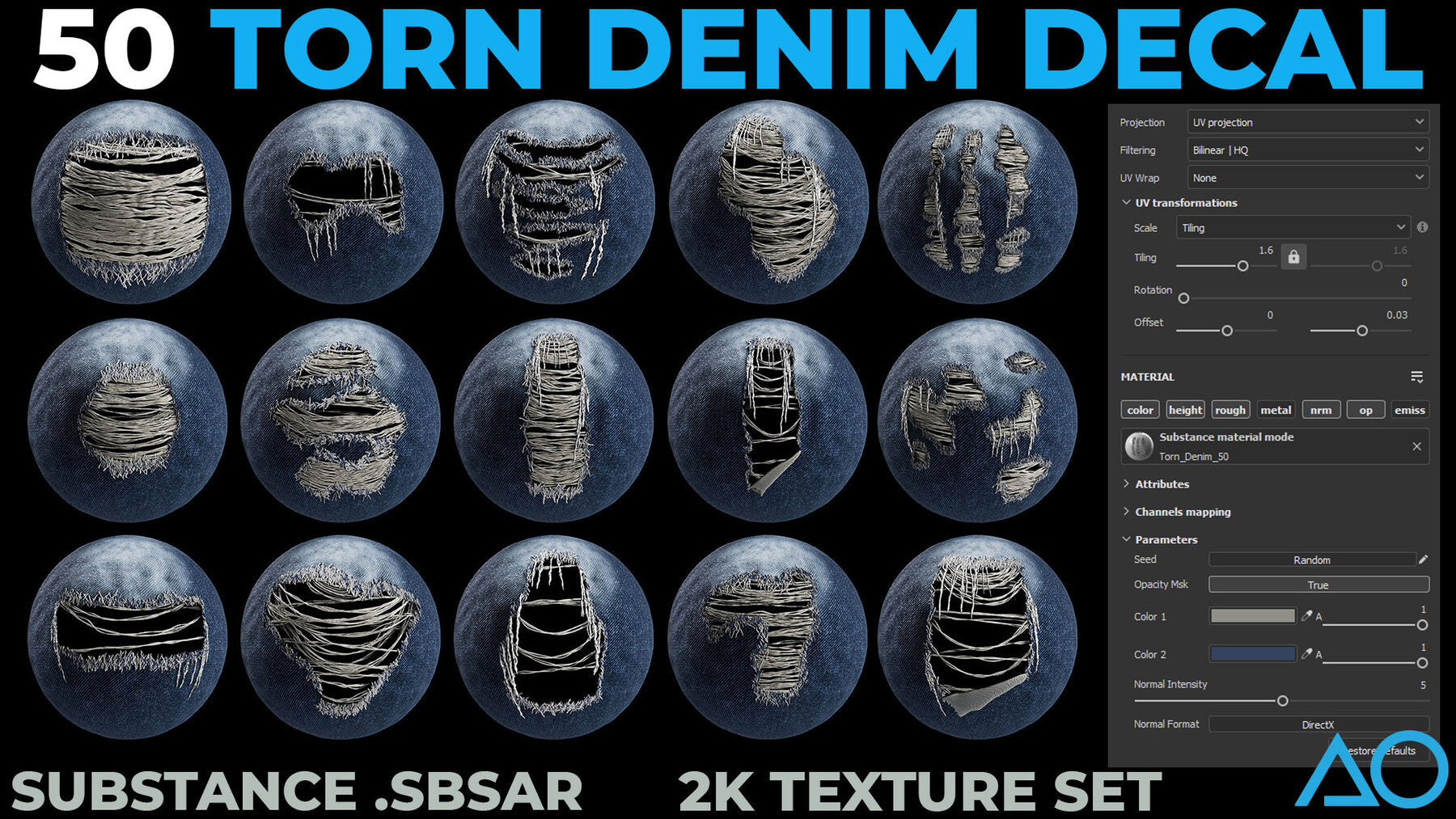 50 Torn Denim Decals - Substance .SBSAR + 2K Textures Set