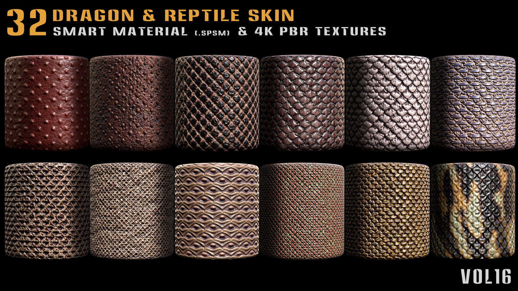 32 Dragon & Reptile Skin Smart Material + 4K PBR textures - Vol.16