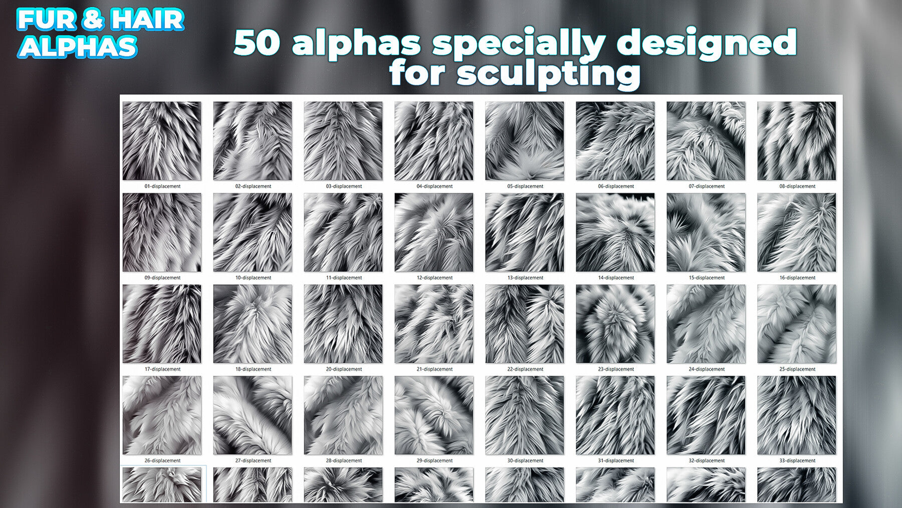 600+ Animals Hair & Fur Alphas (Displacement Maps) for ZBrush, Blender, Substance Painter vol.11