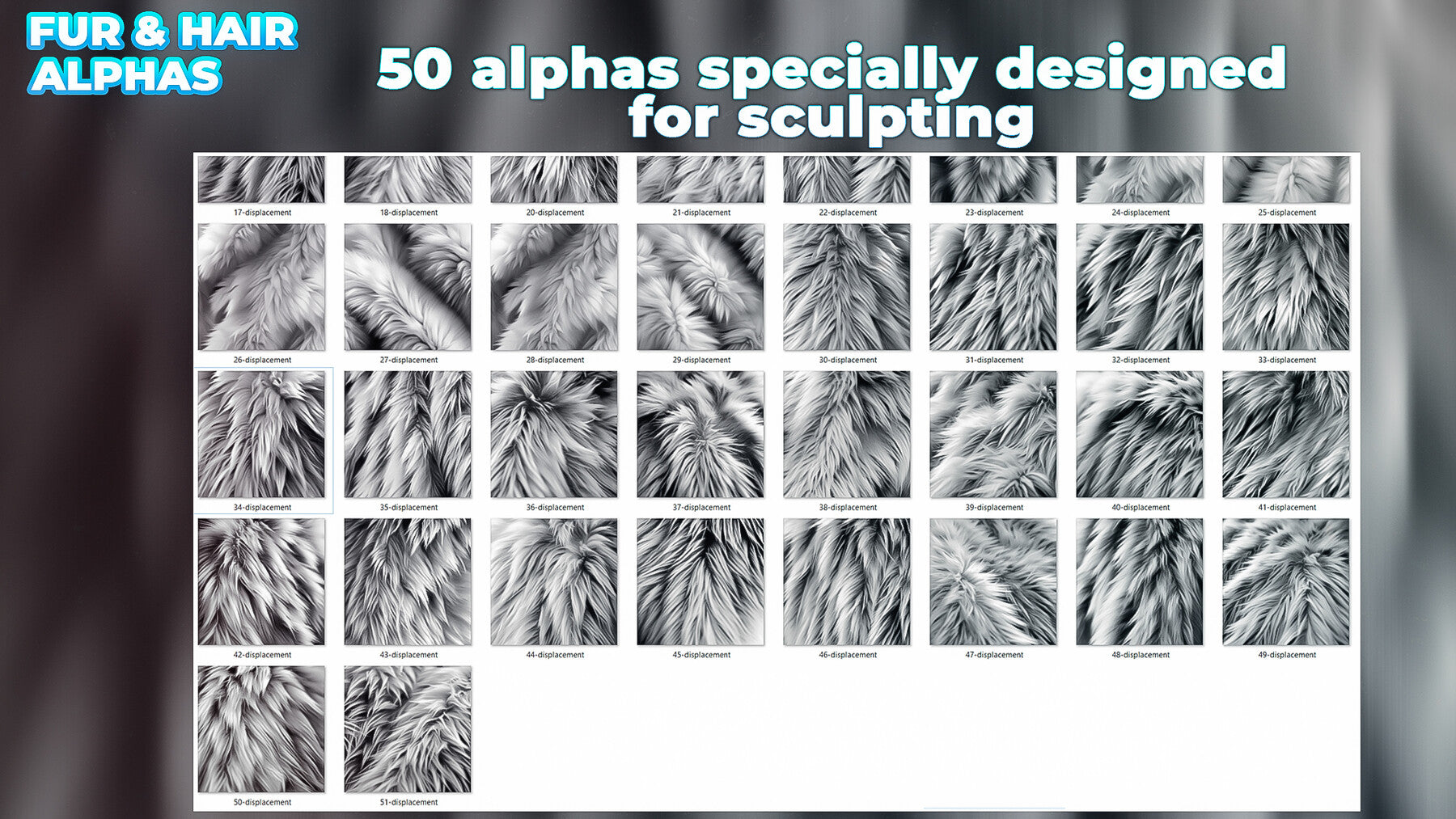 600+ Animals Hair & Fur Alphas (Displacement Maps) for ZBrush, Blender, Substance Painter vol.11