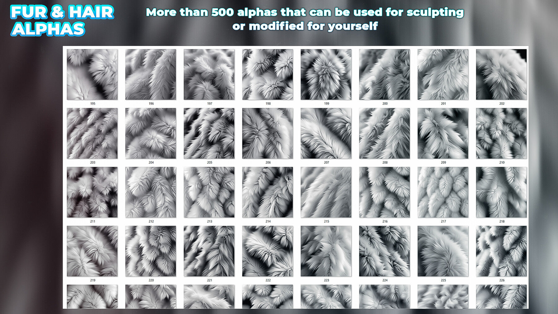 600+ Animals Hair & Fur Alphas (Displacement Maps) for ZBrush, Blender, Substance Painter vol.11