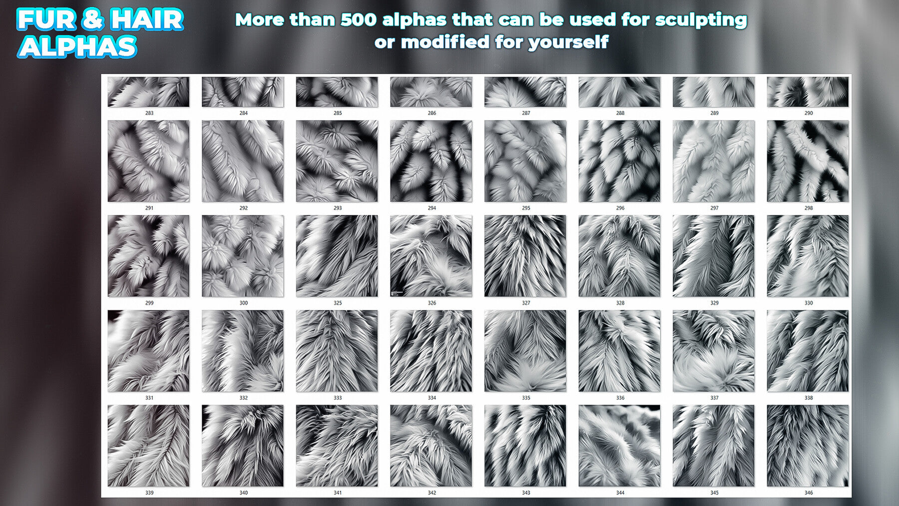 600+ Animals Hair & Fur Alphas (Displacement Maps) for ZBrush, Blender, Substance Painter vol.11