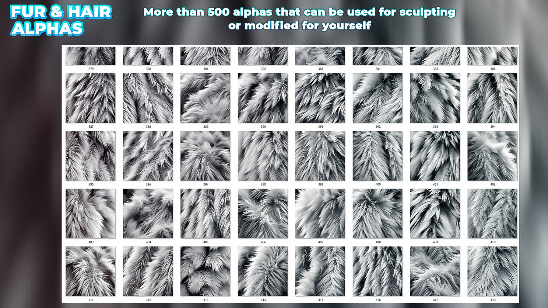 600+ Animals Hair & Fur Alphas (Displacement Maps) for ZBrush, Blender, Substance Painter vol.11