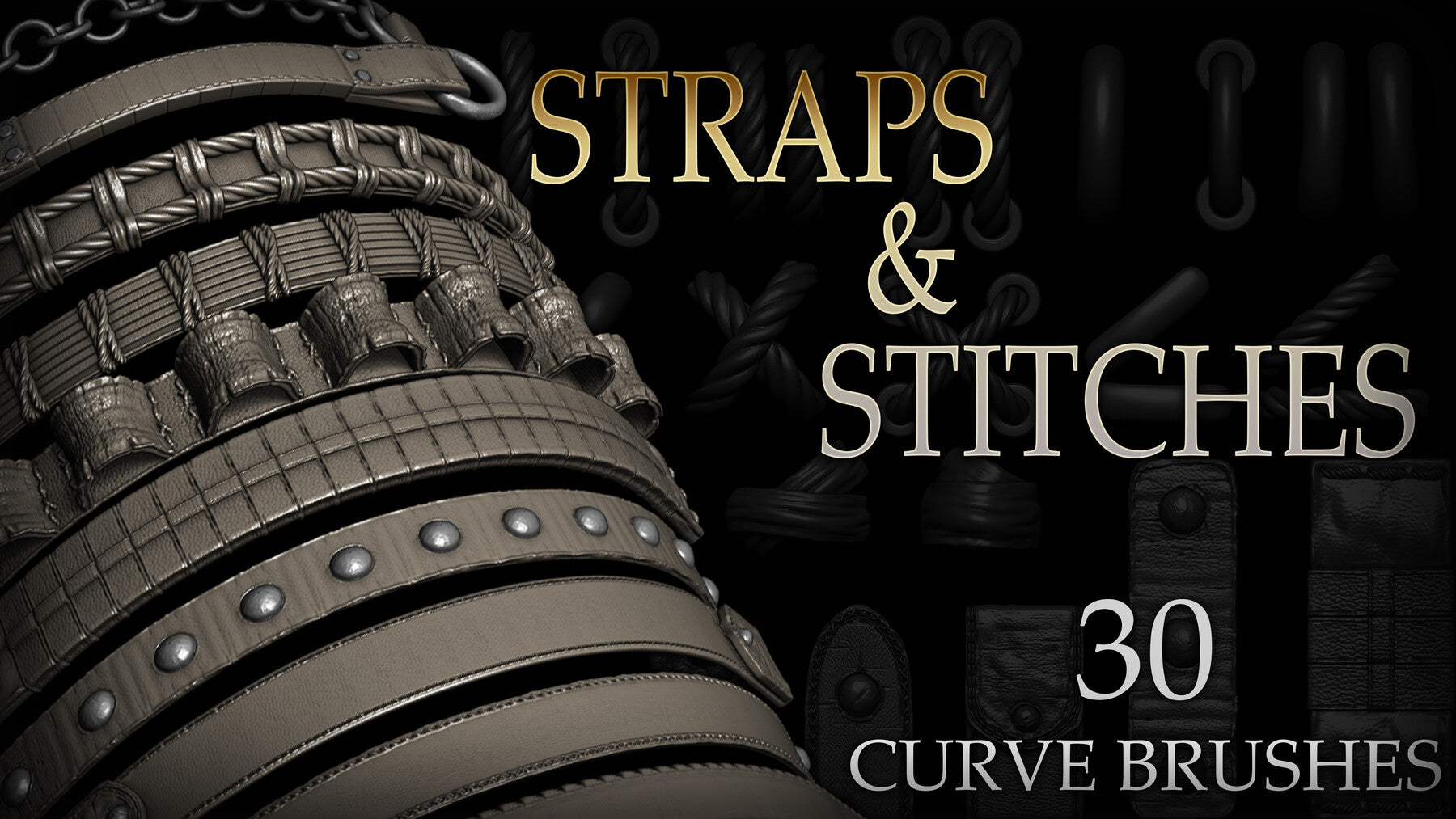 Zbrush - 30 Straps and Stitches IMM Curve Brush + Meshes