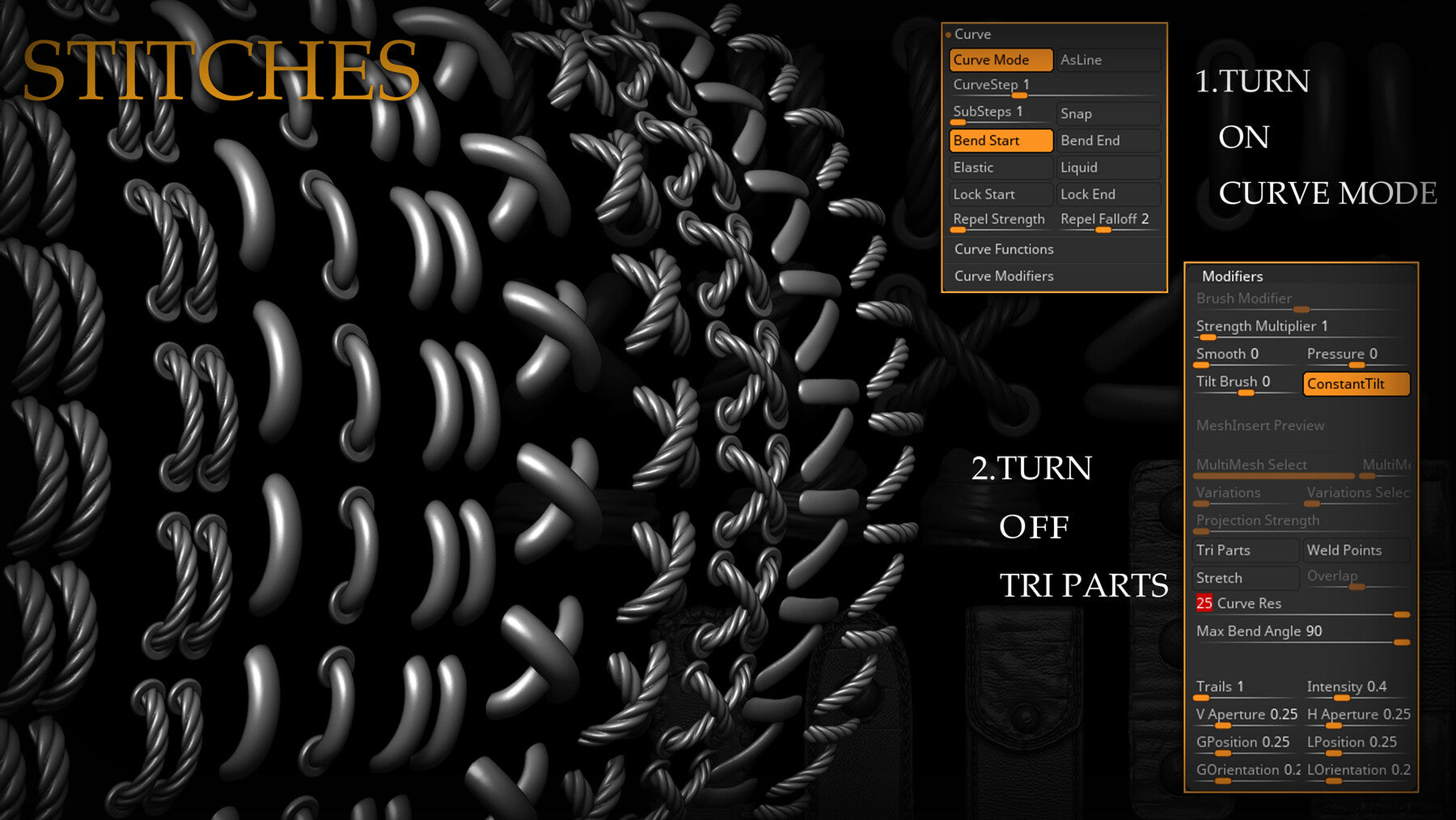 Zbrush - 30 Straps and Stitches IMM Curve Brush + Meshes