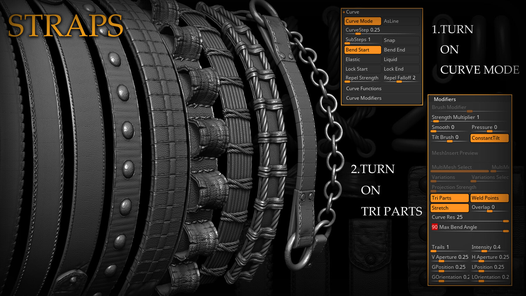 Zbrush - 30 Straps and Stitches IMM Curve Brush + Meshes