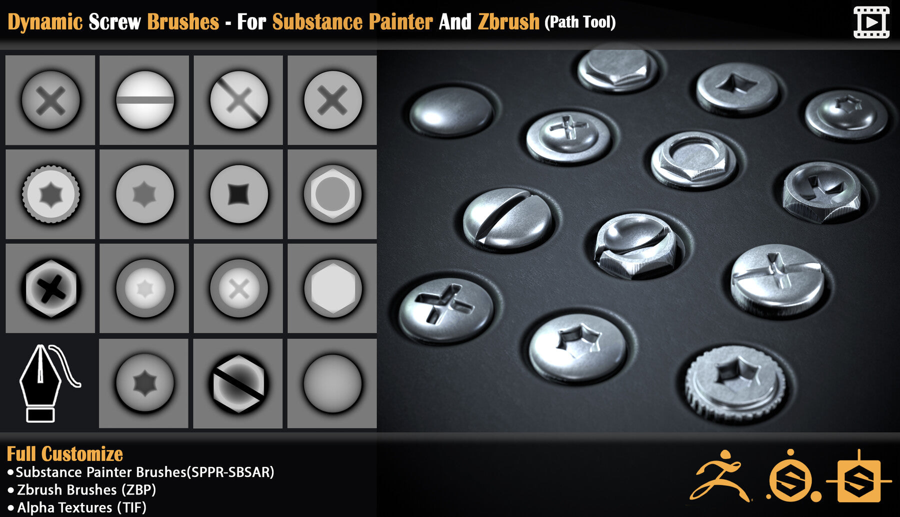 Dynamic Screw Brushes - For Substance Painter And Zbrush (Path Tool)