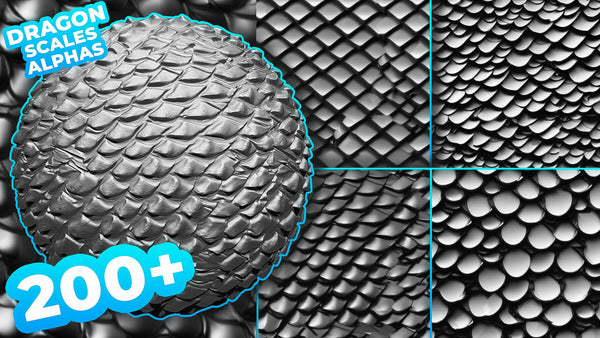 200+ Dragon Scales Alphas for ZBrush, Blender (20 tile alphas) vol.8