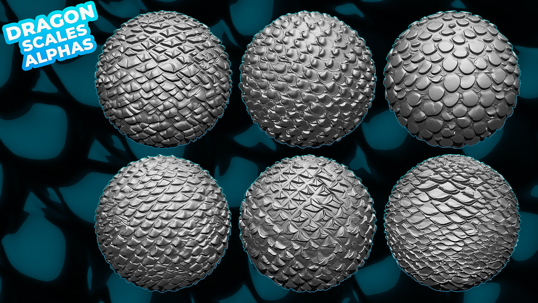 200+ Dragon Scales Alphas for ZBrush, Blender (20 tile alphas) vol.8