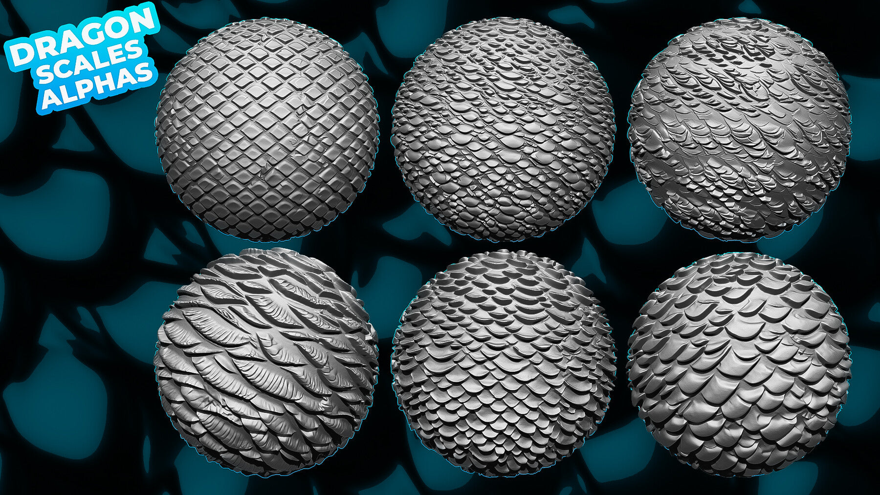 200+ Dragon Scales Alphas for ZBrush, Blender (20 tile alphas) vol.8