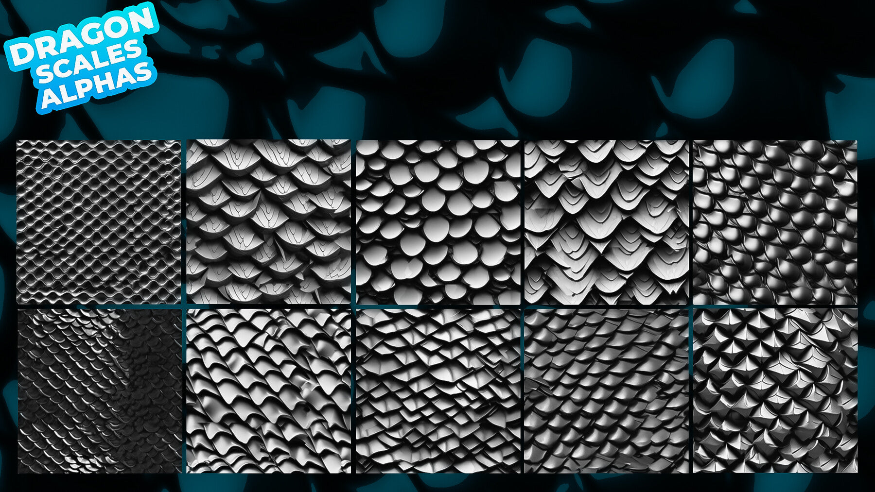 200+ Dragon Scales Alphas for ZBrush, Blender (20 tile alphas) vol.8