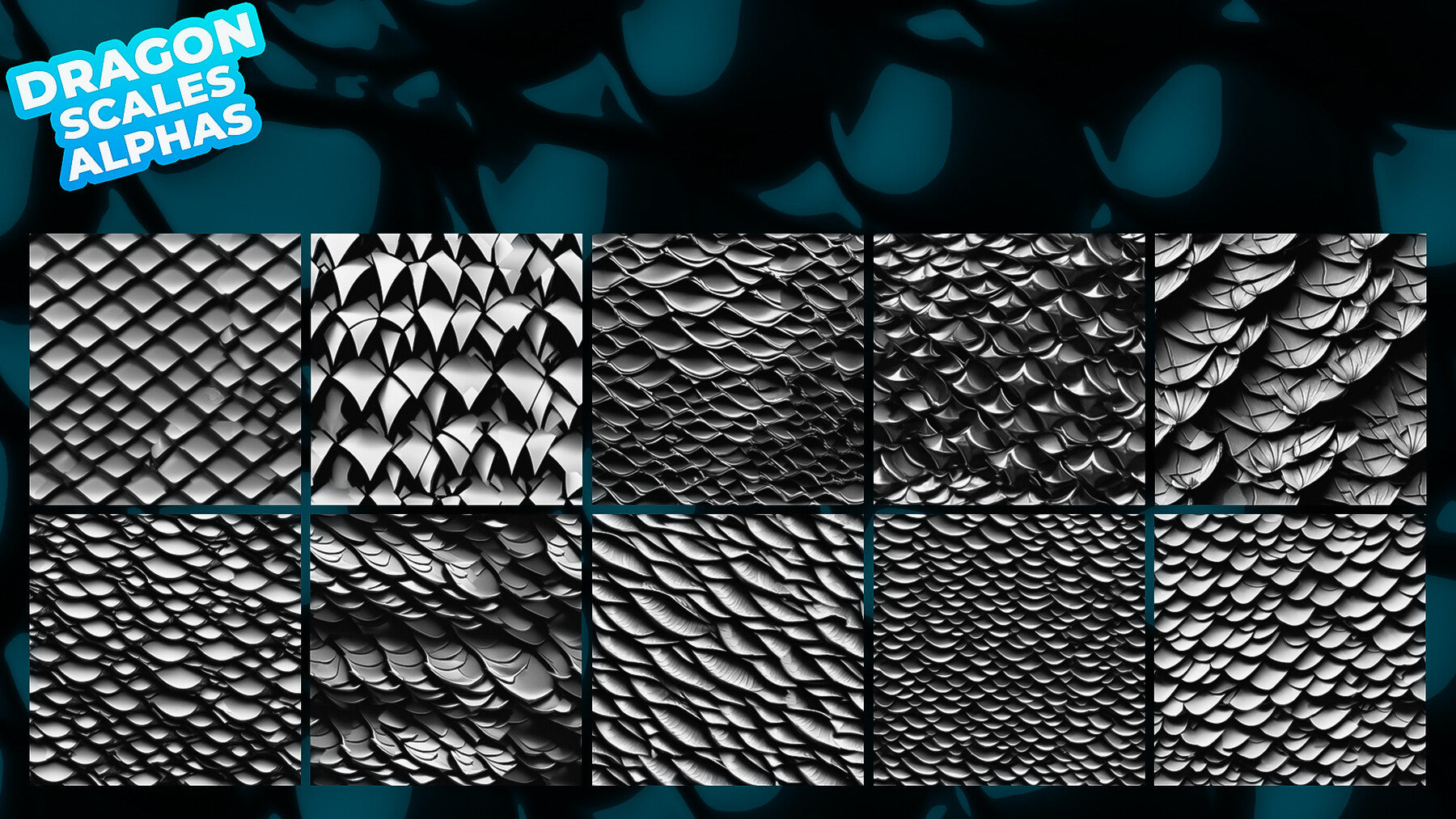 200+ Dragon Scales Alphas for ZBrush, Blender (20 tile alphas) vol.8