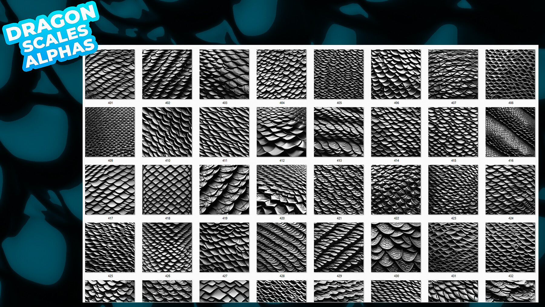 200+ Dragon Scales Alphas for ZBrush, Blender (20 tile alphas) vol.8